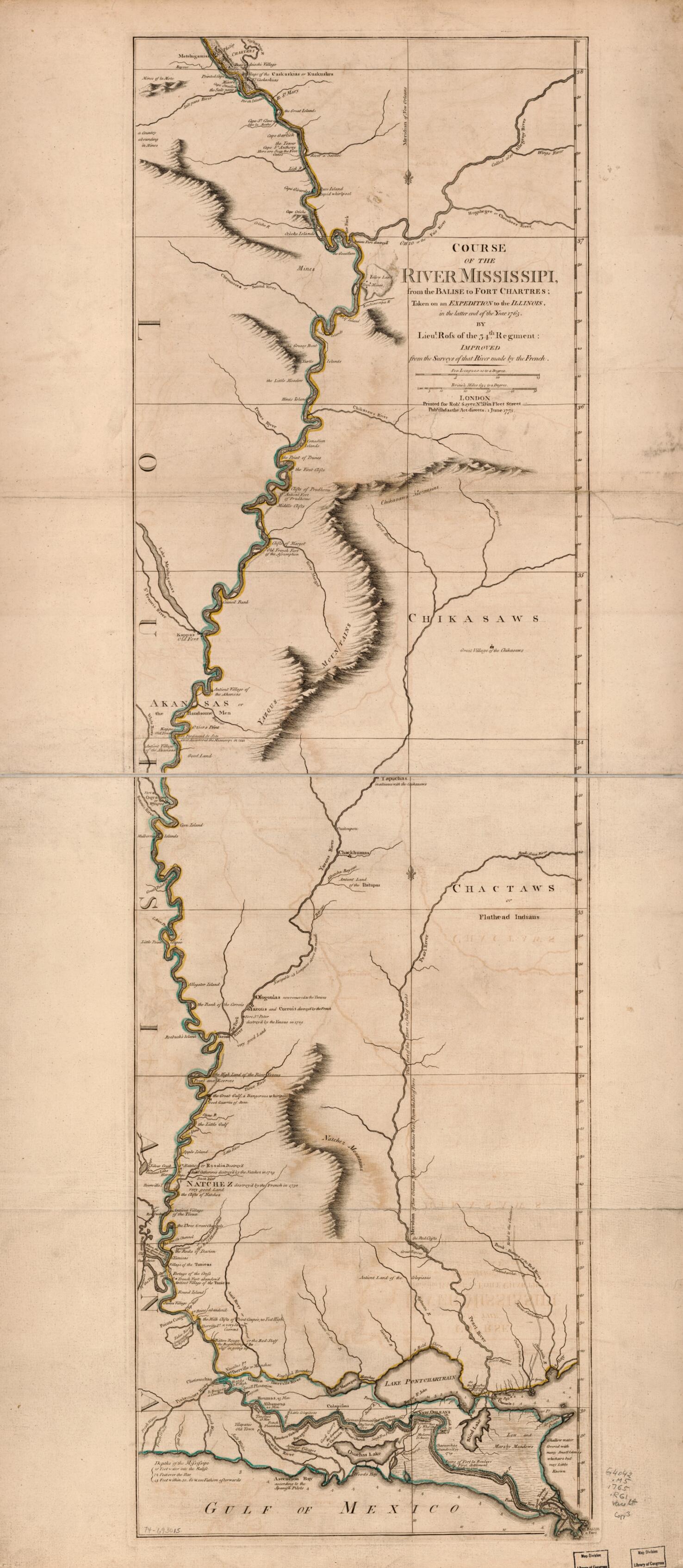 This old map of Course of the River Mississipi from the Balise to Fort Chartres; Taken On an Expedition to the Illinois, In the Latter End of the Year 1765 from 1780 was created by Ross, Robert Sayer in 1780