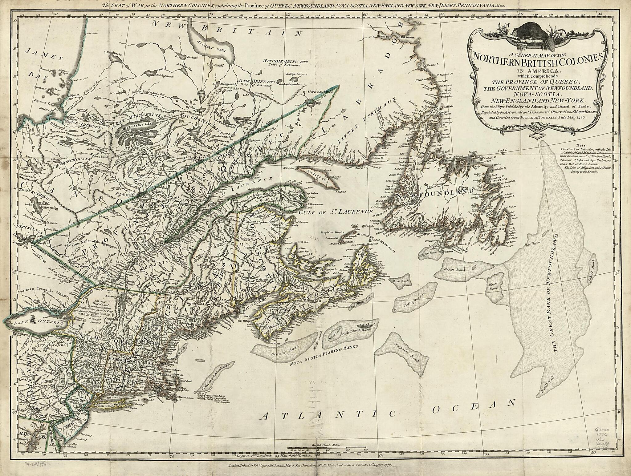 Scotia, New-England and New-York. from the Maps Published by the Admiralty and Board of Trade, Regulated by the Astronomic and Trigonometric Observations of Major Holland and Corrected from Governor Pownall&