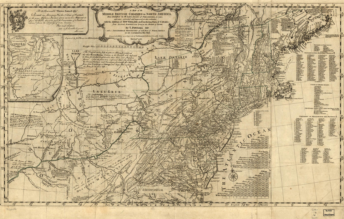 A Map of the Middle British Colonies In North America. First Published by Lewis Evans, of Philadelphia, In 1755; and Since Corrected and Improved, As Also Extended, With the Addition of New England, and Bordering Parts of Canada; From Actual Surveys N... by Relic Map Company
