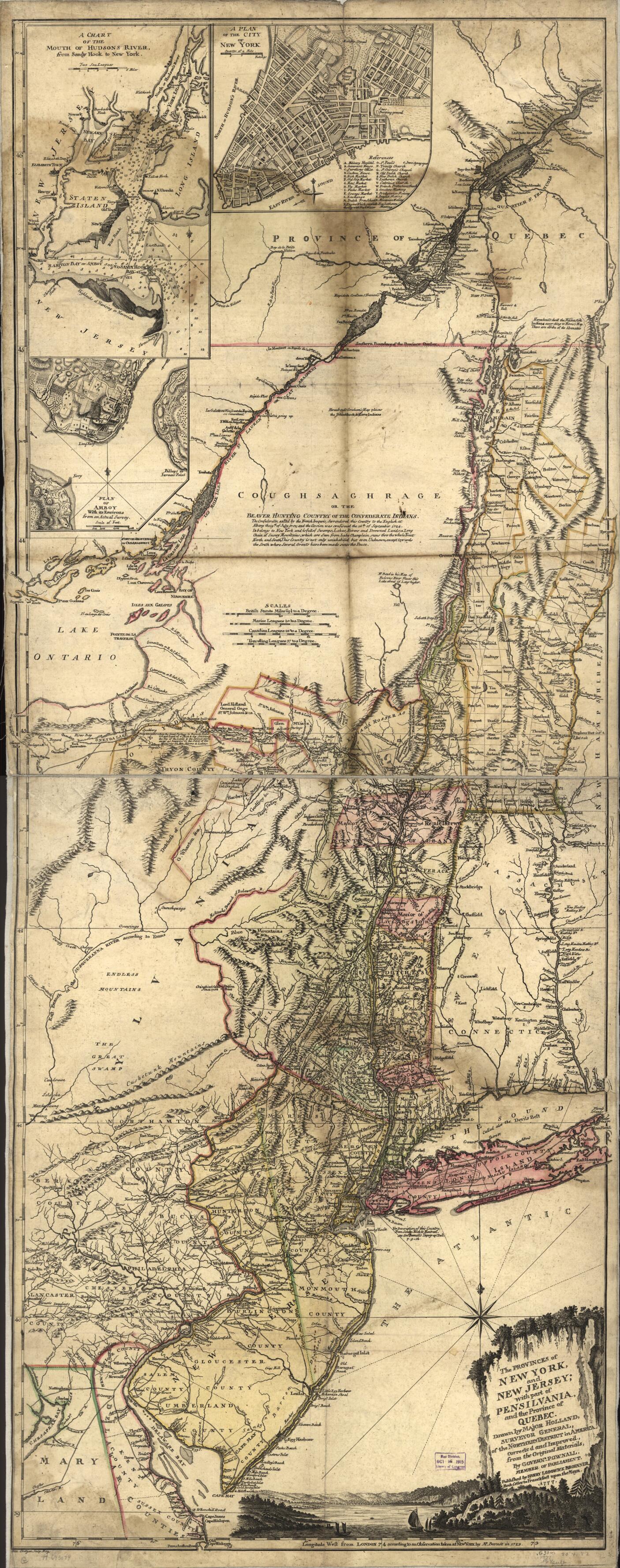 This old map of The Provinces of New York, and New Jersey; With Part of Pensilvania and the Province of Quebec. Drawn by Major Holland, Surveyor General of the Northern District In America from 1777 was created by Harry Lodowick Broenner, Henry Contger,