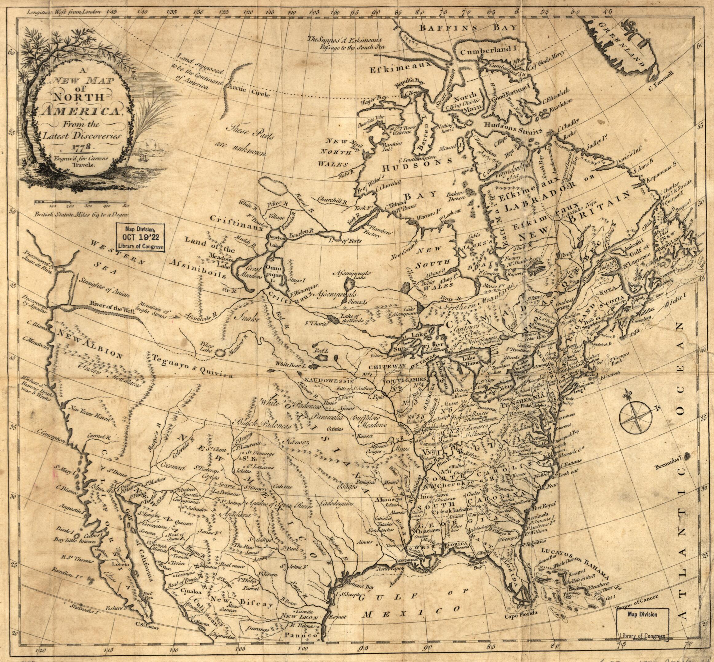 This old map of A New Map of North America, from the Latest Discoveries 1778 from 1781 was created by Jonathan Carver in 1781