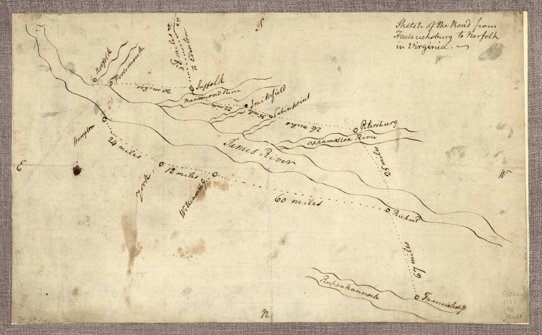 This old map of Sketch of the Road from Fredericksburg to Norfolk In Virginia from 1781 was created by in 1781