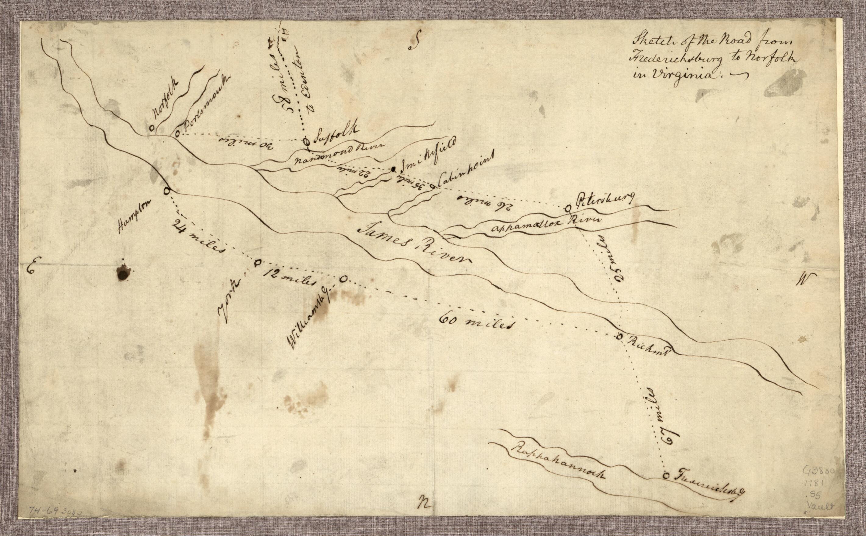 This old map of Sketch of the Road from Fredericksburg to Norfolk In Virginia from 1781 was created by in 1781
