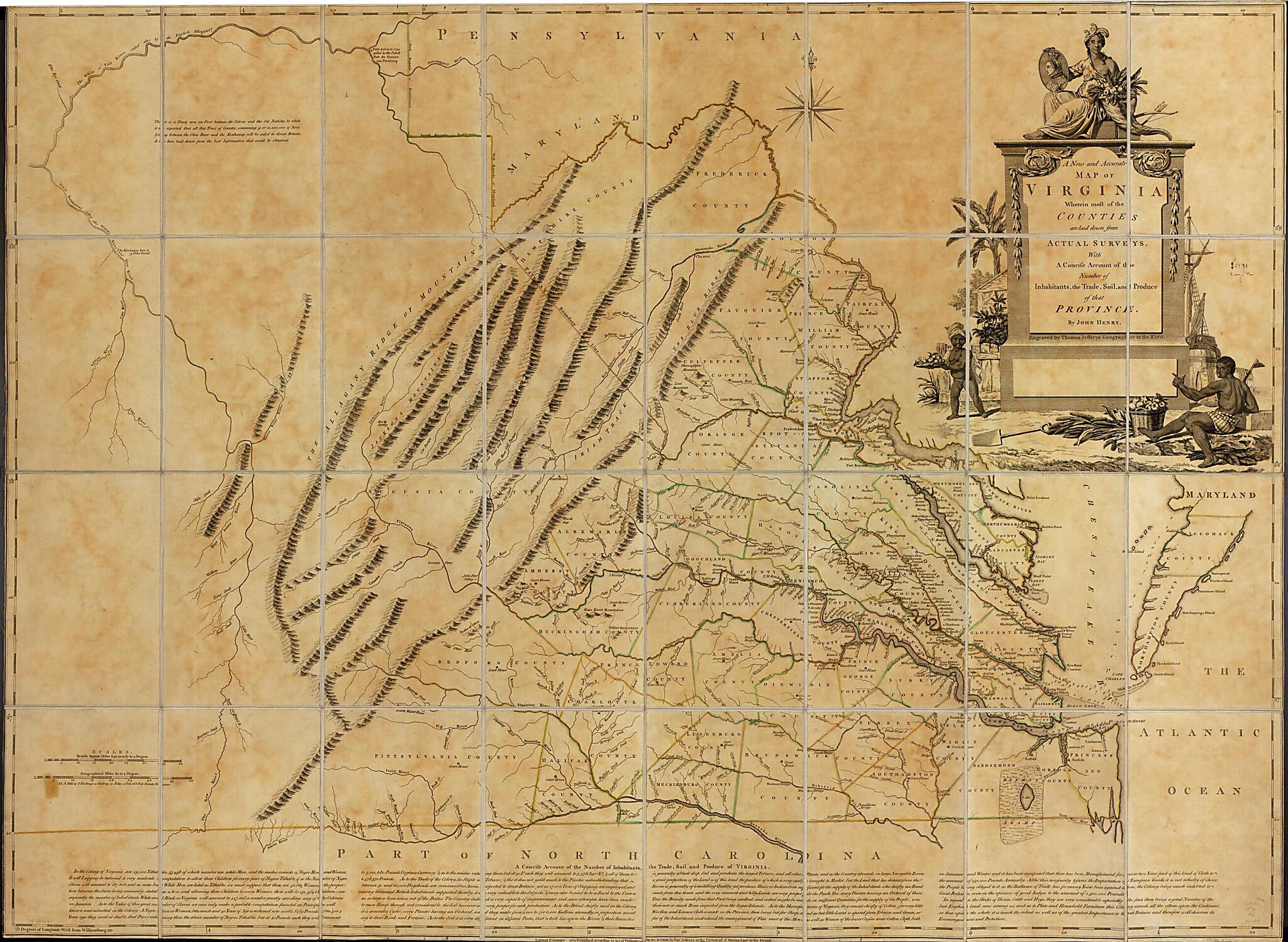 This old map of A New and Accurate Map of Virginia Wherein Most of the Counties Are Laid Down from Actual Surveys. With a Concise Account of the Number of Inhabitants, the Trade, Soil, and Produce of That Province from 1770 was created by John Henry, Tho