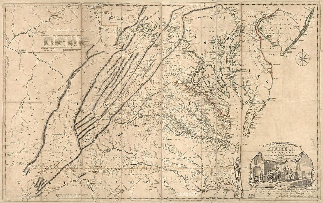 This old map of A Map of the Most Inhabited Part of Virginia Containing the Whole Province of Maryland With Part of Pensilvania, New Jersey and North Carolina from 1755 was created by Joshua Fry, Peter Jefferson, Thomas Jefferys in 1755