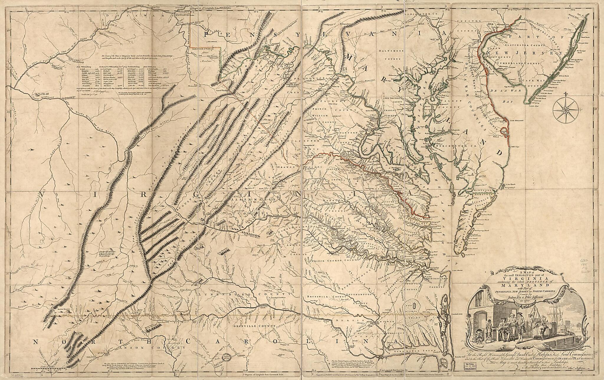 This old map of A Map of the Most Inhabited Part of Virginia Containing the Whole Province of Maryland With Part of Pensilvania, New Jersey and North Carolina from 1755 was created by Joshua Fry, Peter Jefferson, Thomas Jefferys in 1755