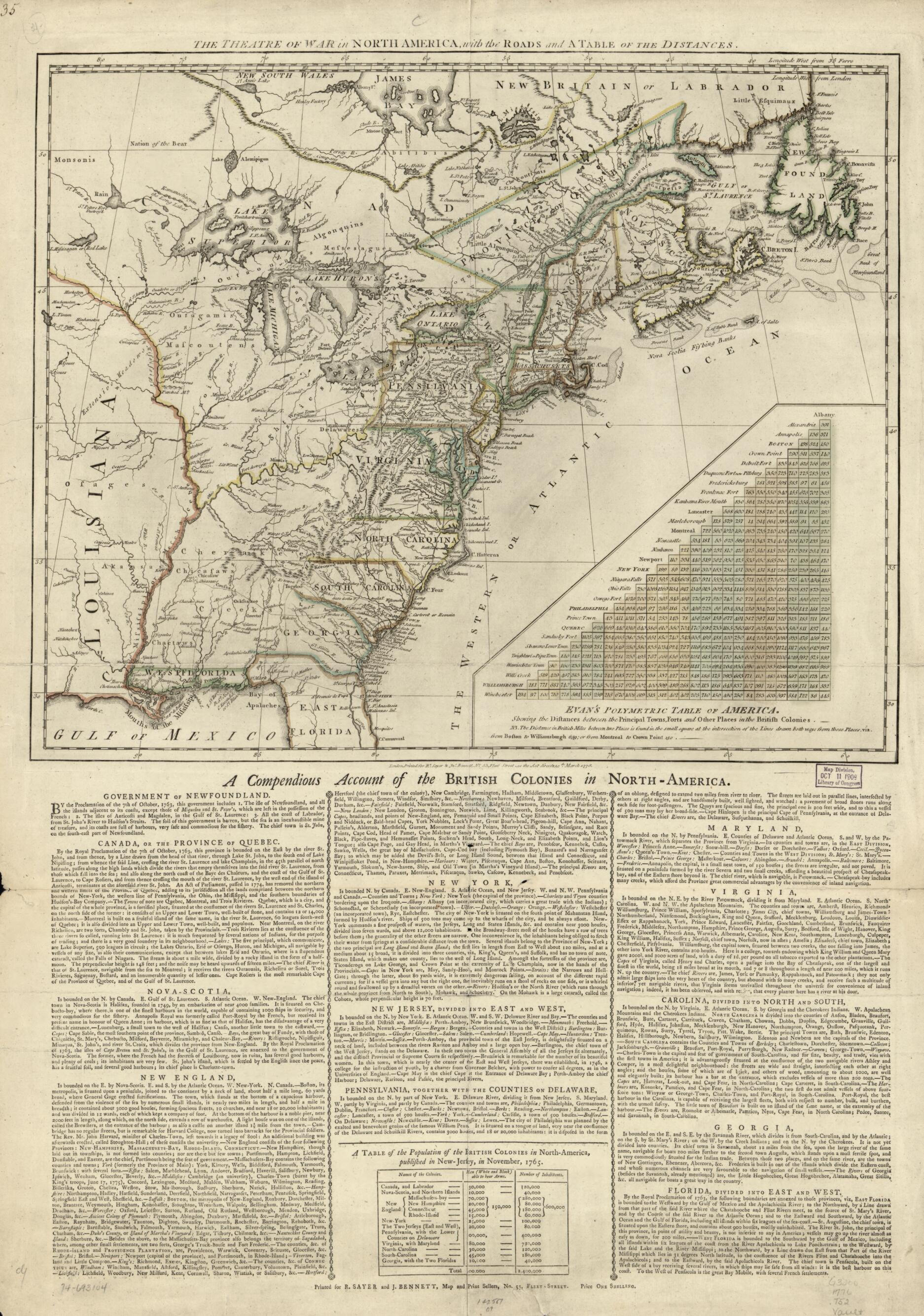 This old map of The Theatre of War In North America, With the Roads and a Table of the Distances from 1776 was created by Robert Sayer and John Bennett (Firm) in 1776