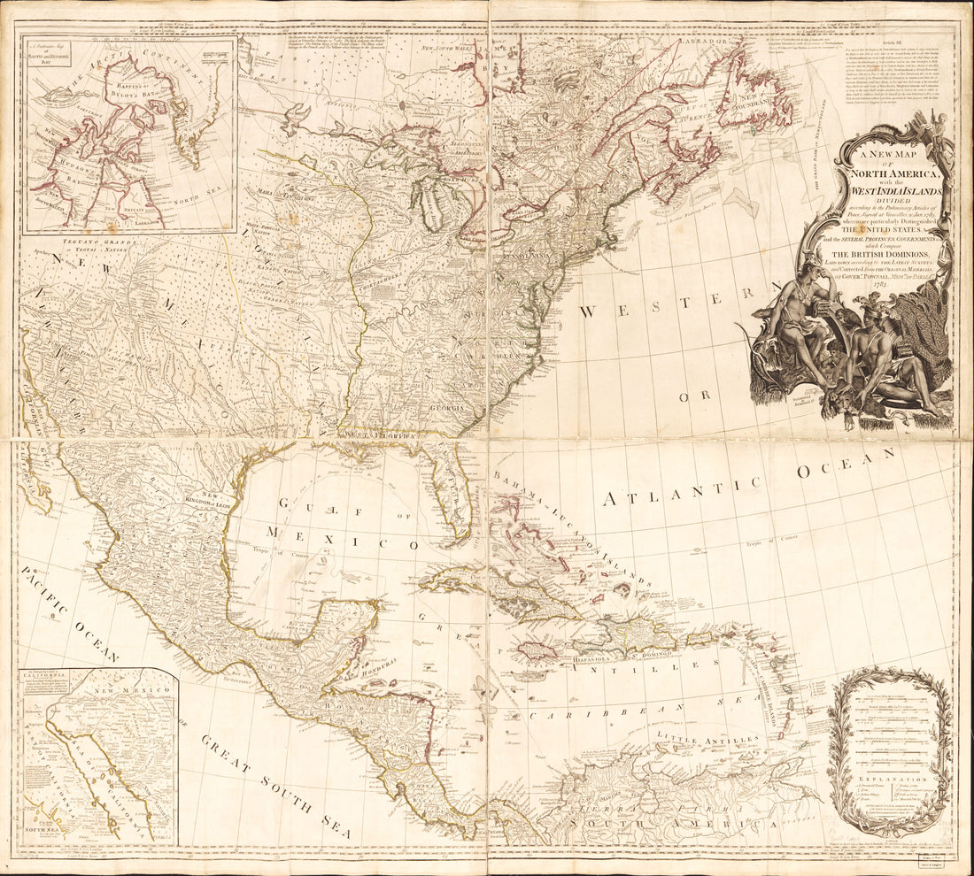 This old map of A New Map of North America, With the West India Islands. Divided According to the Preliminary Articles of Peace, Signed at Versailles, 20, Jan. 1783. Wherein Are Particularly Distinguished the United States and the Several Provinces, Gove