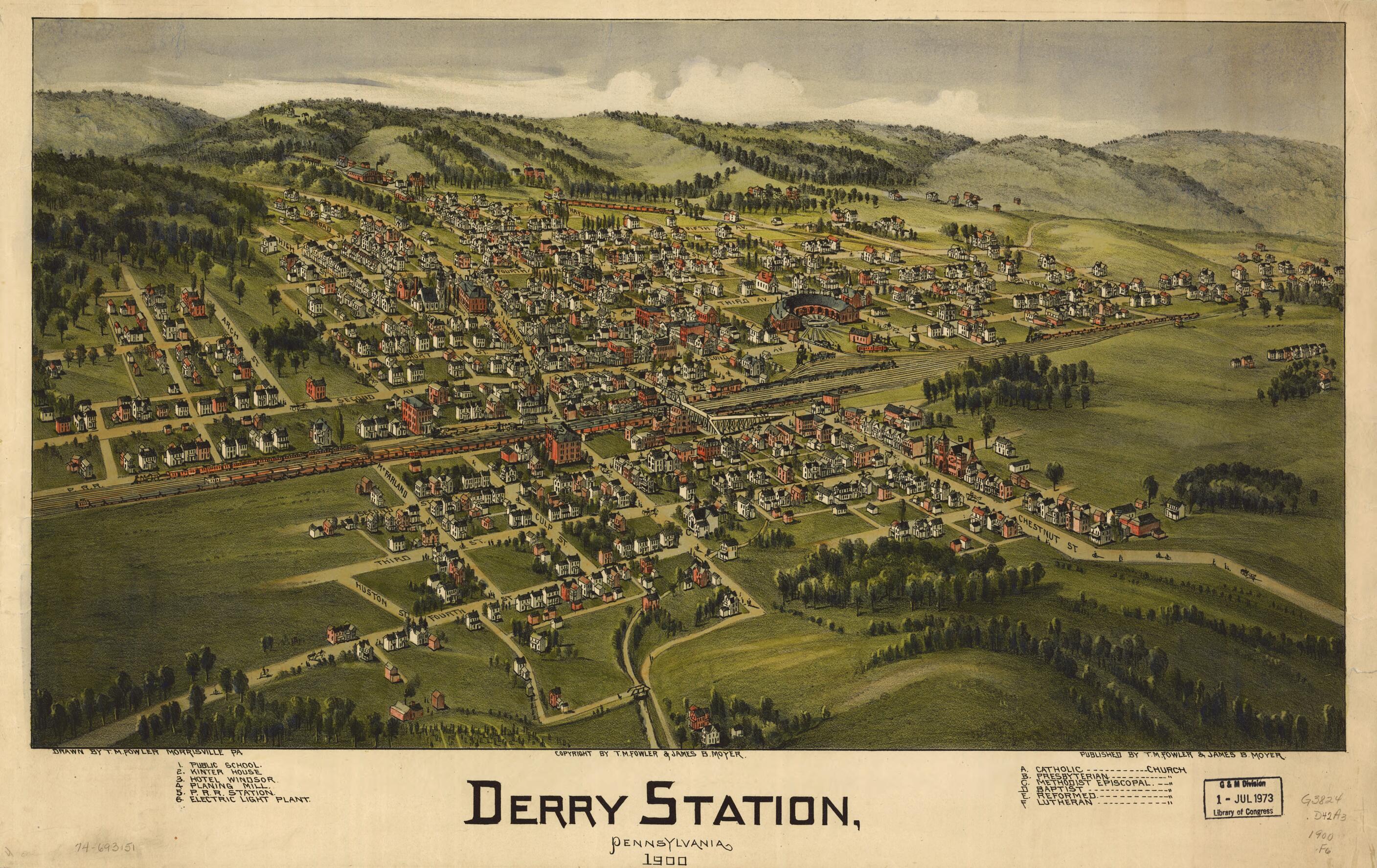 This old map of Derry Station, Pennsylvania from 1900 was created by T. M. (Thaddeus Mortimer) Fowler, James B. Moyer in 1900