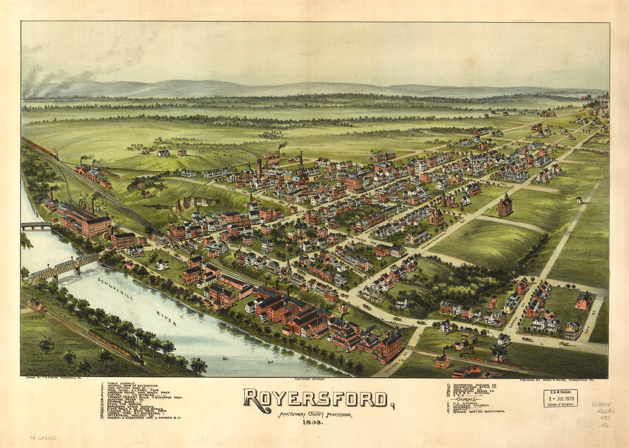 This old map of Royersford, Montgomery County, Pennsylvania from 1893 from 1893 was created by T. M. (Thaddeus Mortimer) Fowler, James B. Moyer in 1893