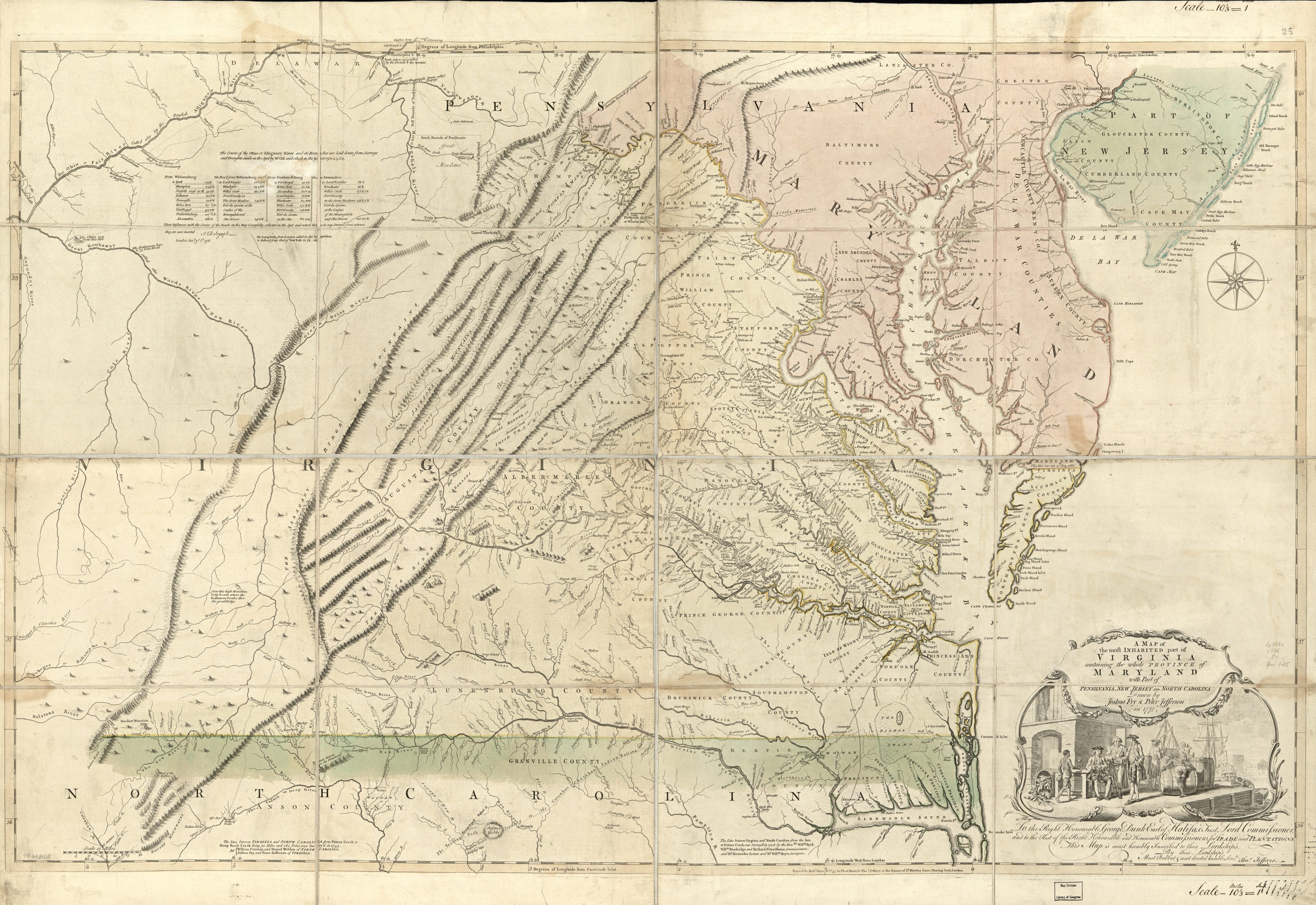 This old map of A Map of the Most Inhabited Part of Virginia Containing the Whole Province of Maryland : With Part of Pensilvania, New Jersey, and North Carolina from 1775 was created by Joshua Fry, Peter Jefferson, Thomas Jefferys, Robert Sayer in 1775