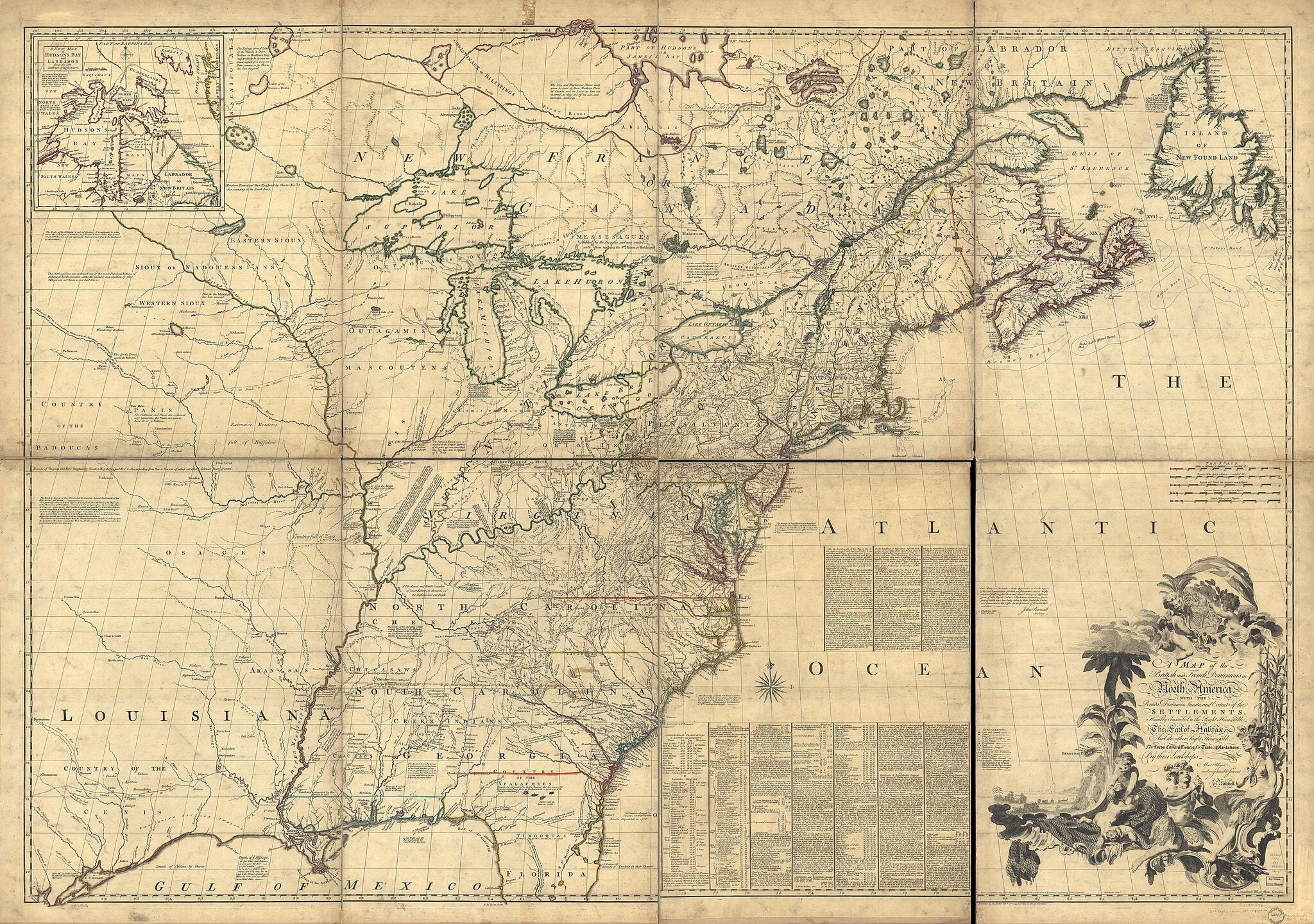 This old map of A Map of the British and French Dominions In North America, With the Roads, Distances, Limits, and Extent of the Settlements, Humbly Inscribed to the Right Honourable the Earl of Halifax, and the Other Right Honourable the Lords Commissio