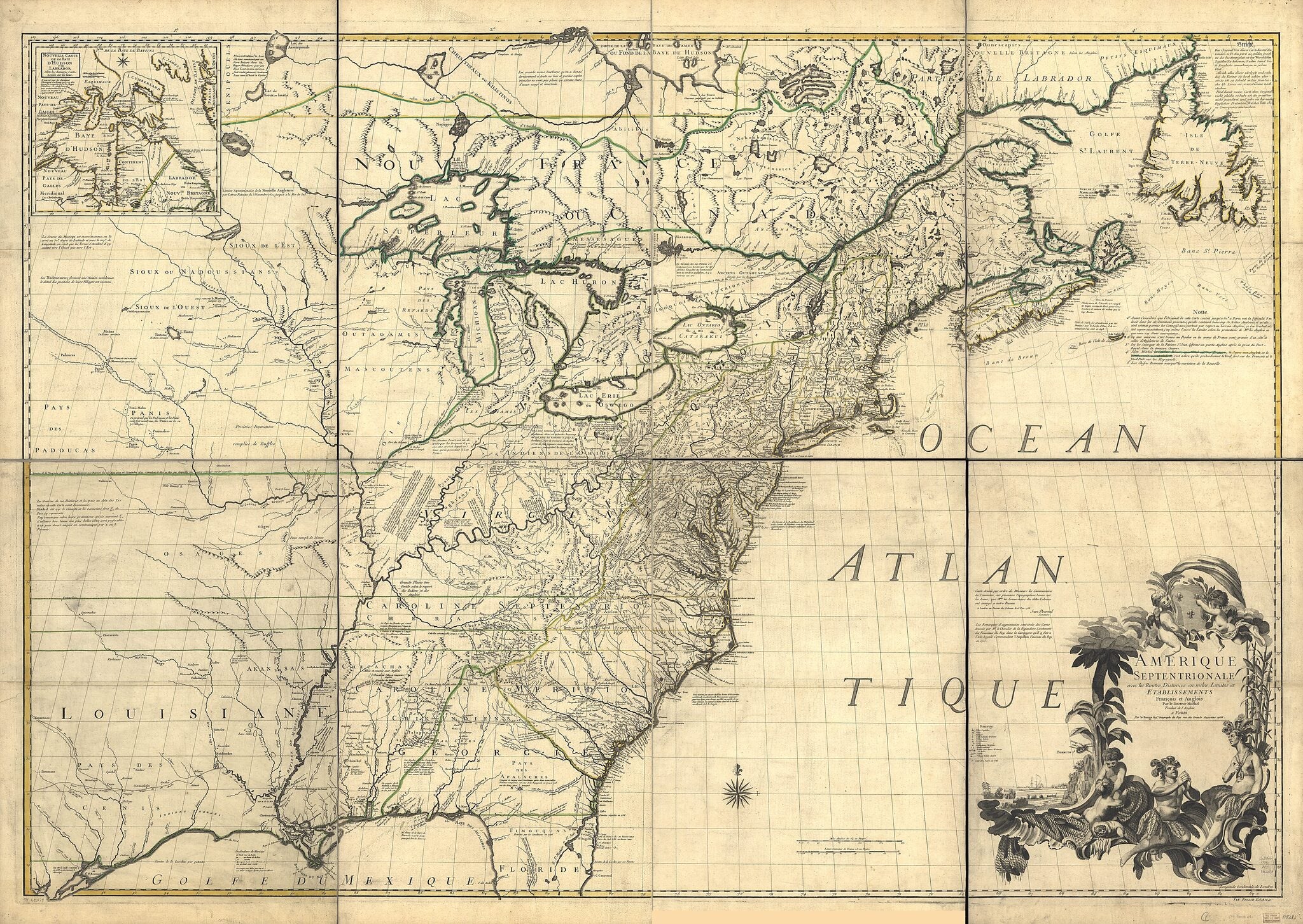 Amérique Septentrionale Avec Les Routes, Distances En Miles, Limites Et Etablissements François Et Anglois in 1756 by Relic Map Company