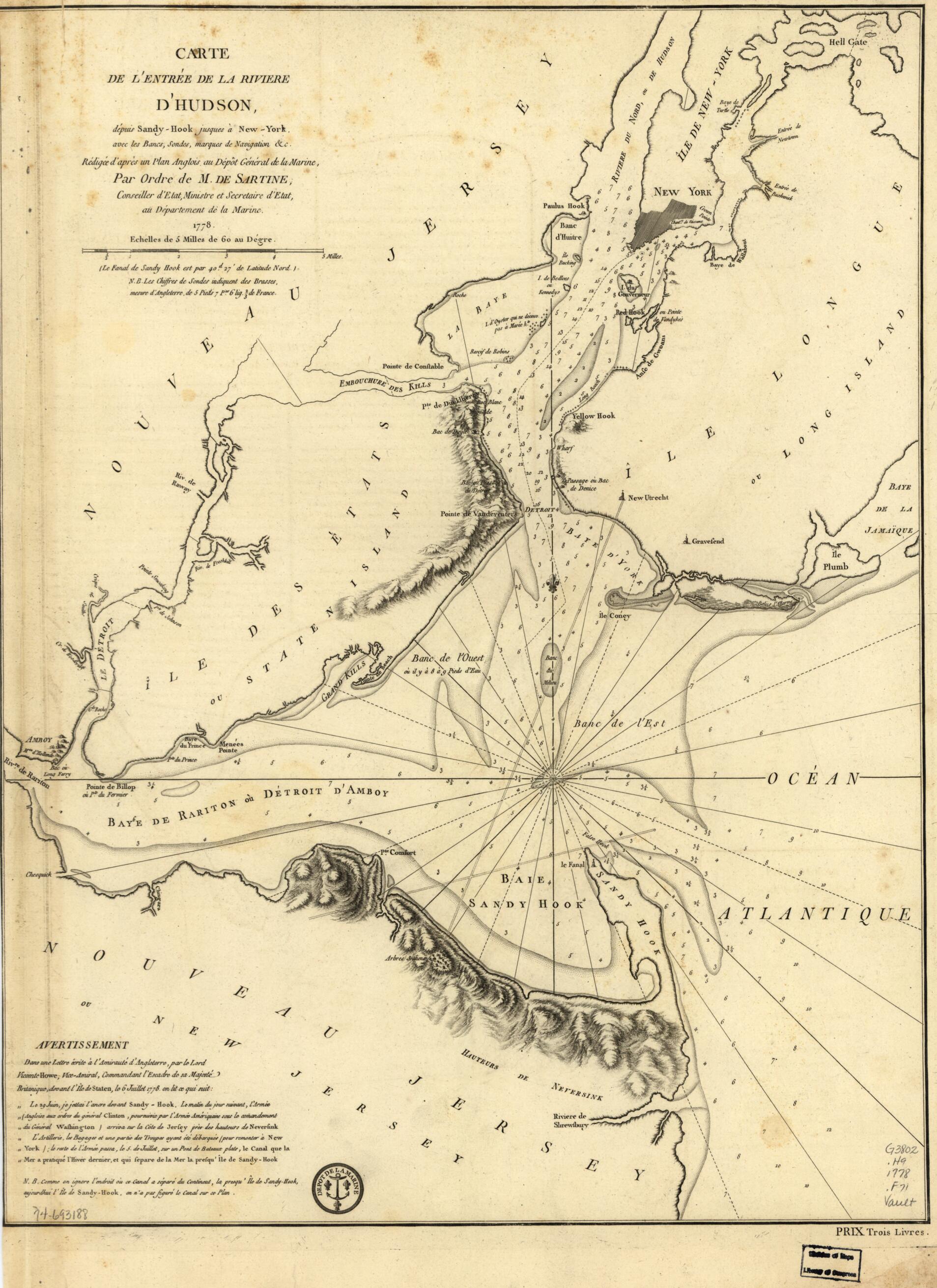 This old map of Hook Jusques à New-York Avec Les Bancs, Sondes, Marques De Navigation &c from 1778 was created by France. Dépôt Des Cartes Et Plans De La Marine, Antoine De Sartine in 1778