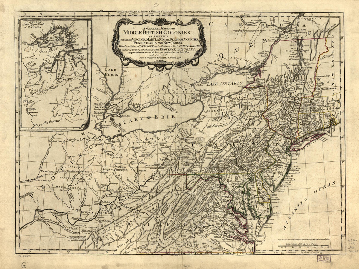 A General Map of the Middle British Colonies, In America. Containing Virginia, Maryland, the Delaware Counties, Pennsylvania, and New Jersey. With the Addition of New York, and of the Greatest Part of New England, As Also of the Bordering Parts of the... by Relic Map Company