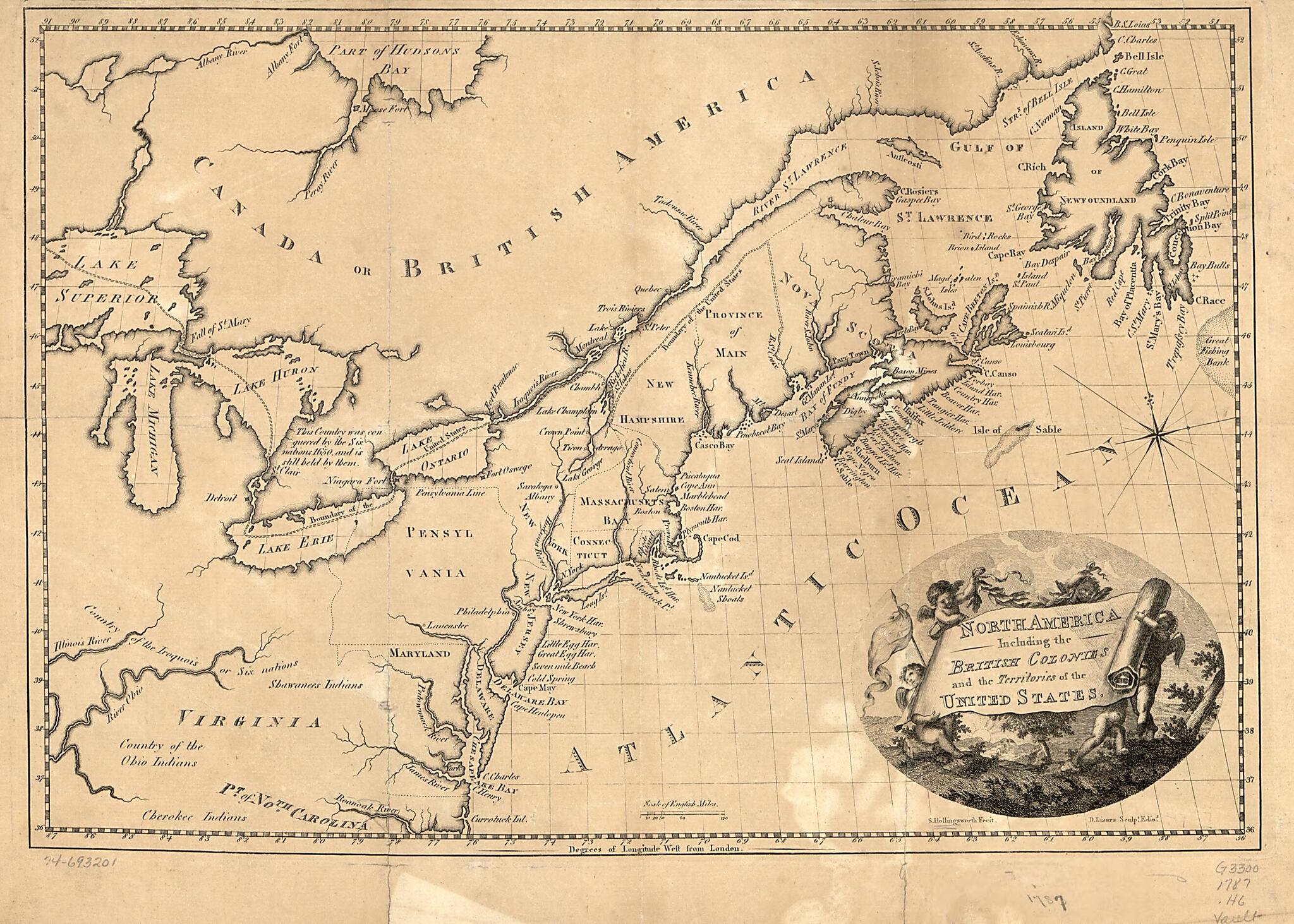 This old map of North America Including the British Colonies and the Territories of the United States from 1787 was created by S. Hollingsworth, Daniel Lizars in 1787