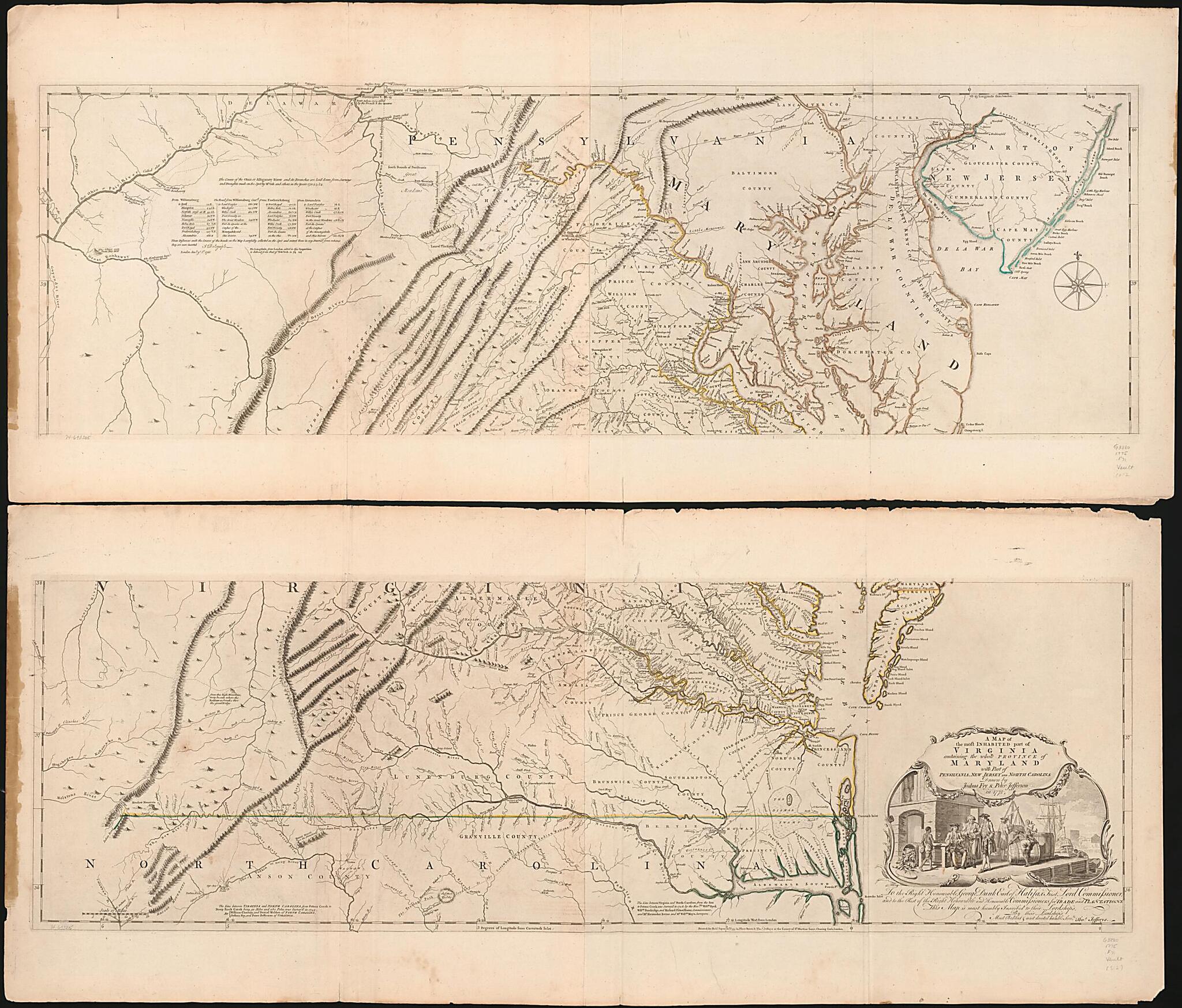 This old map of A Map of the Most Inhabited Part of Virginia Containing the Whole Province of Maryland With Part of Pensilvania, New Jersey and North Carolina from 1775 was created by Joshua Fry, Peter Jefferson, Thomas Jefferys, Robert Sayer in 1775