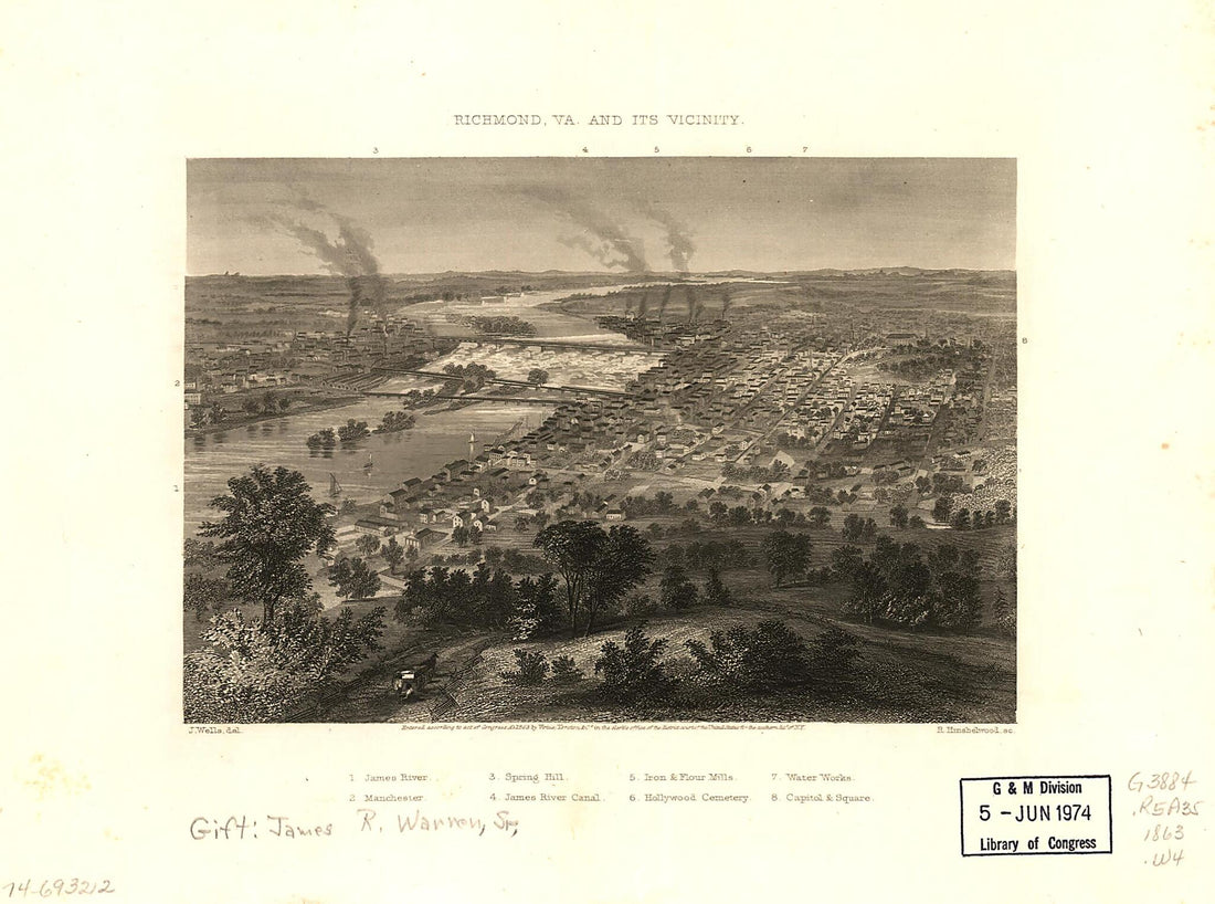 This old map of Richmond, Virginia and Its Vicinity from 1863 was created by Robert Hinshelwood, Virtue Yorston & Co, J. Wells in 1863
