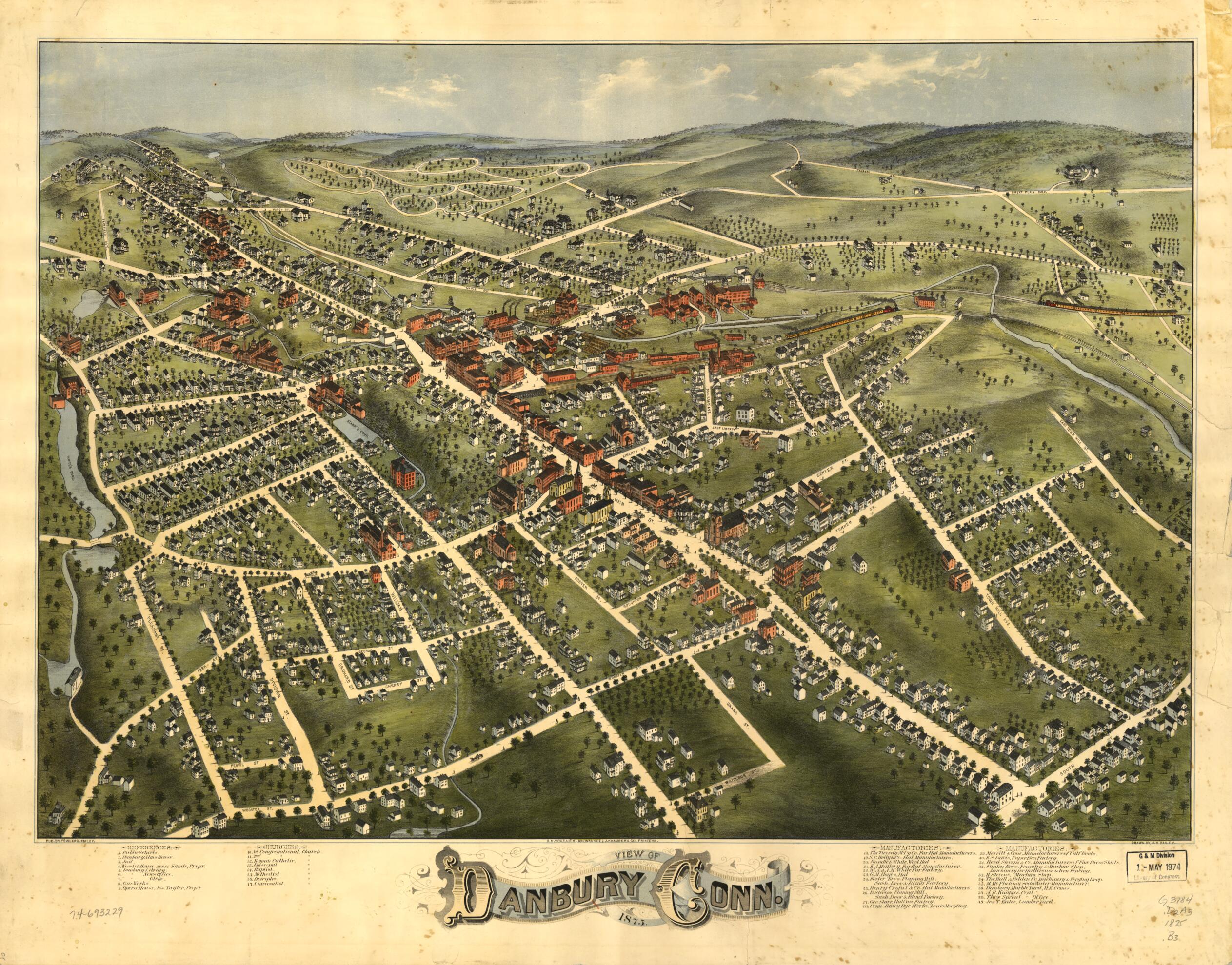 This old map of View of Danbury, Connecticut from 1875 was created by O. H. (Oakley Hoopes) Bailey, C.H. Vogt & Son, Fowler & Bailey, J. Knauber & Co in 1875