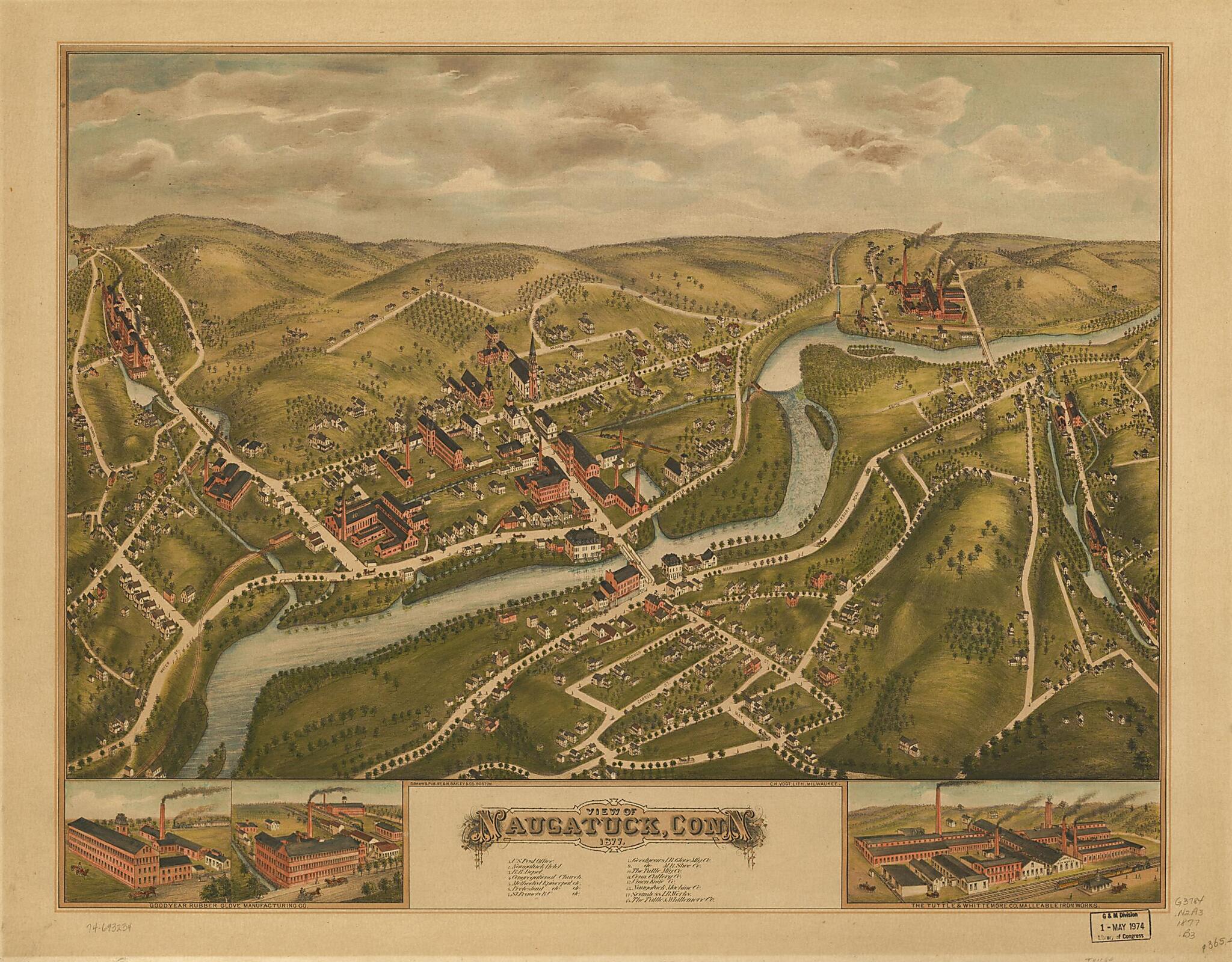 This old map of View of Naugatuck, Connecticut from 1877 was created by C.H. Vogt (Firm), O.H. Bailey & Co in 1877