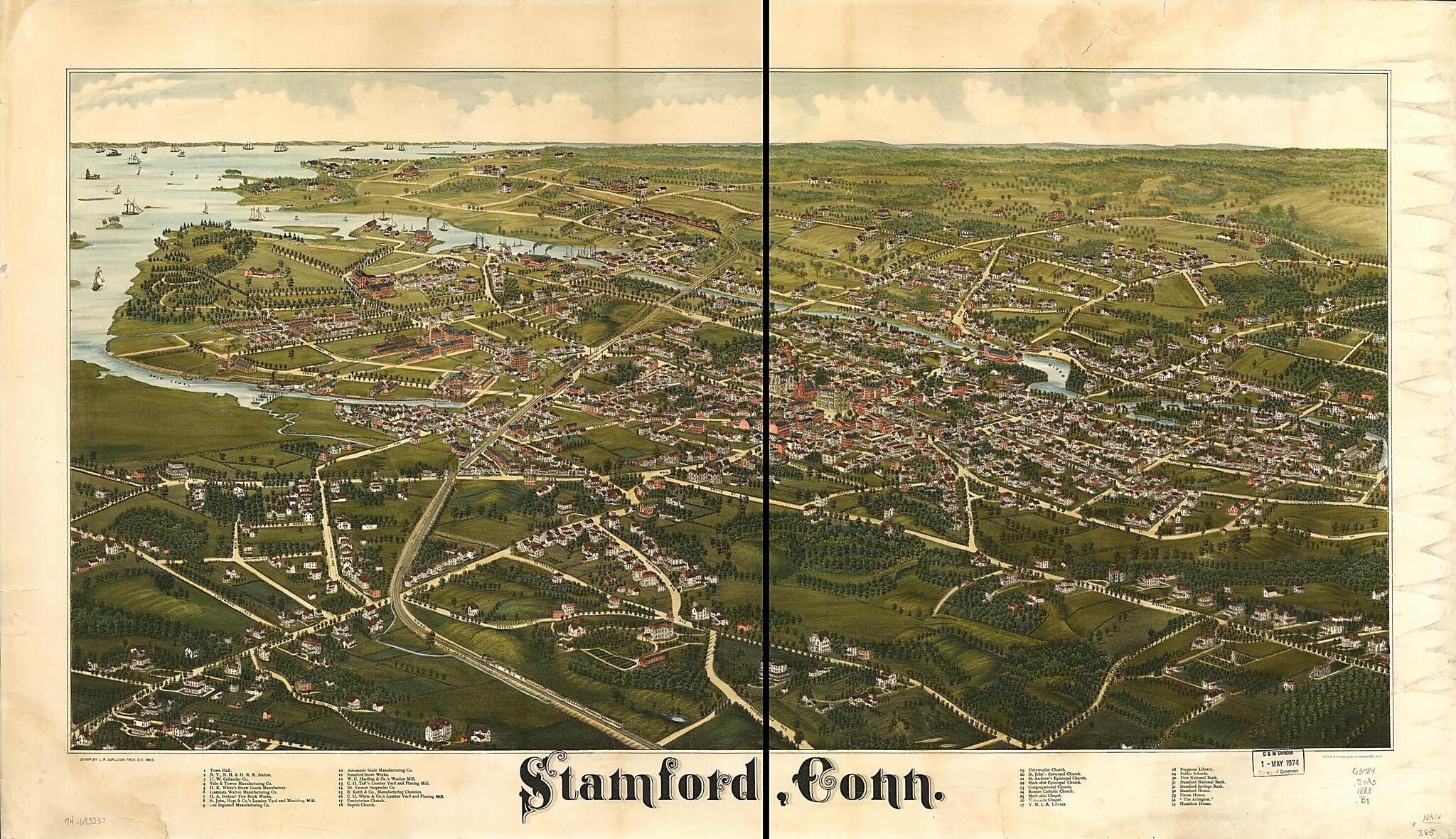 This old map of Stamford, Connecticut from 1883 was created by Beck & Pauli, L. R. (Lucien R.) Burleigh in 1883