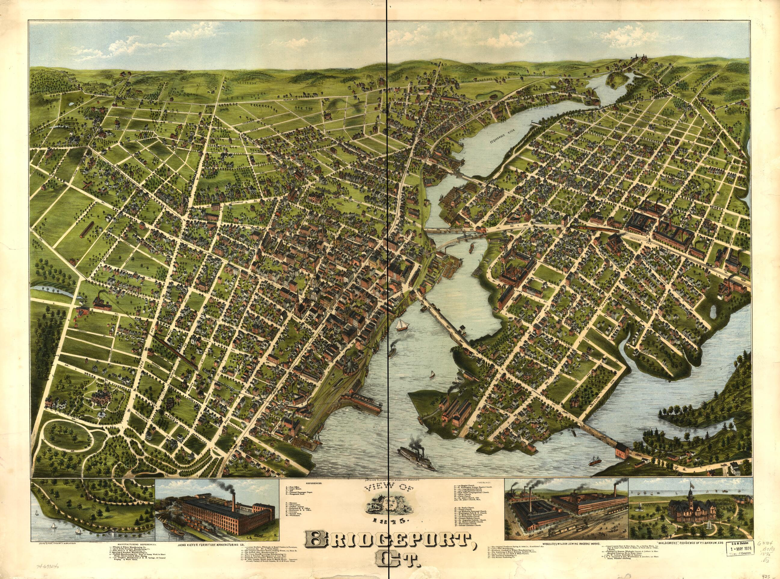 This old map of View of Bridgeport, Connecticut from 1875 was created by American Oleograph Co, O.H. Bailey & Co in 1875