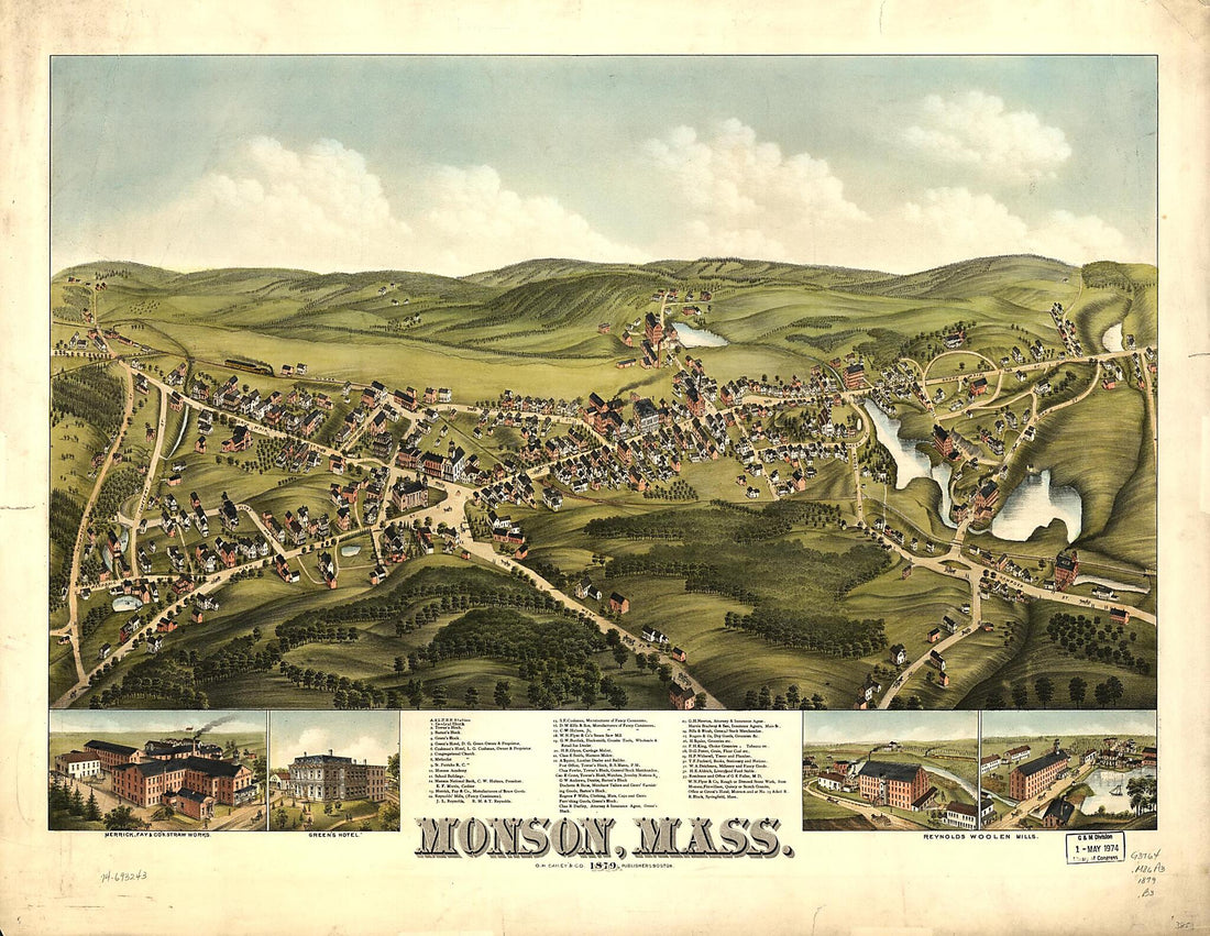 This old map of Monson, Massachusetts from 1879 was created by O.H. Bailey & Co in 1879