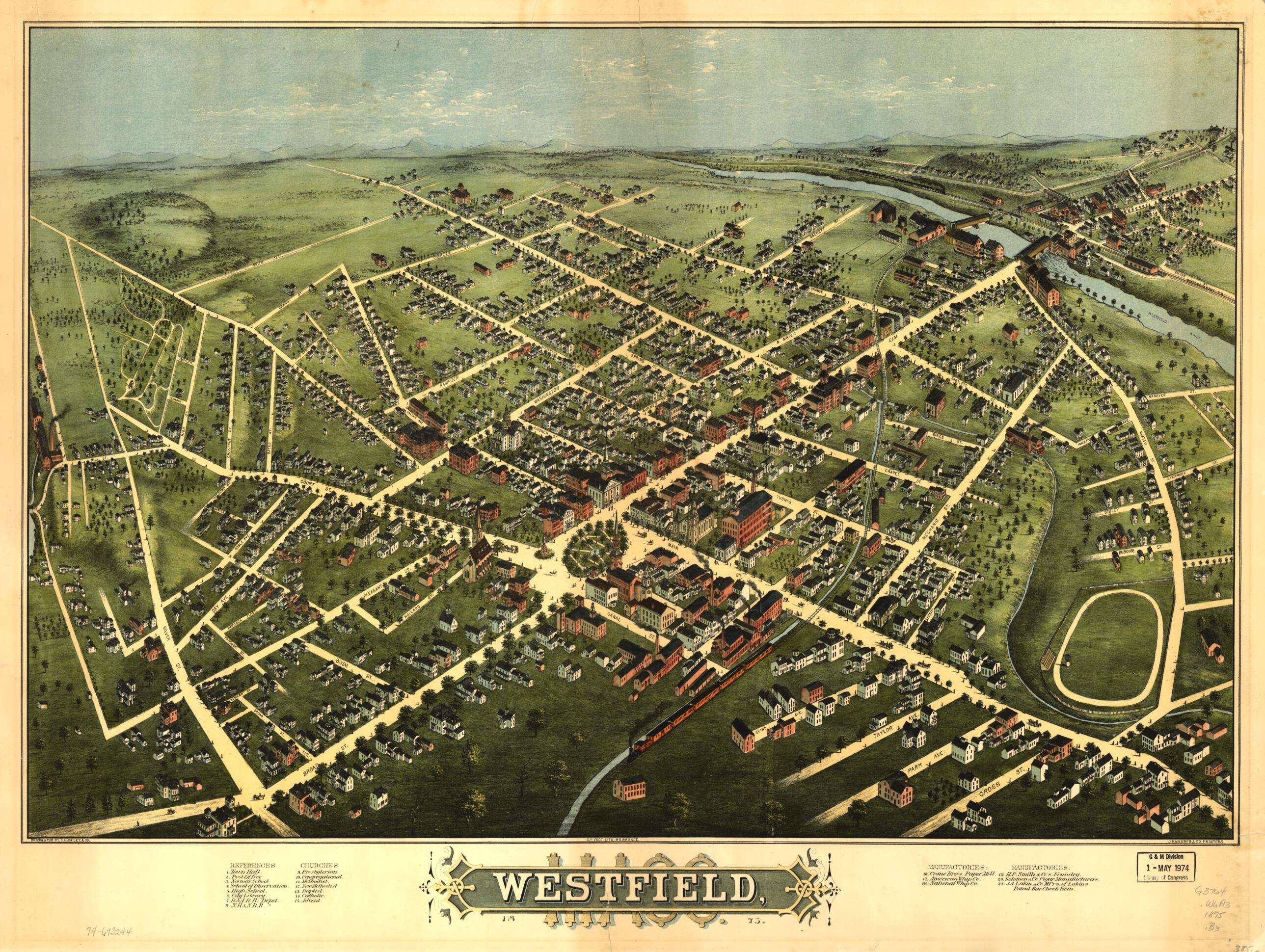 This old map of Westfield from 1875 was created by C.H. Vogt (Firm), J. Knauber & Co, O.H. Bailey & Co in 1875