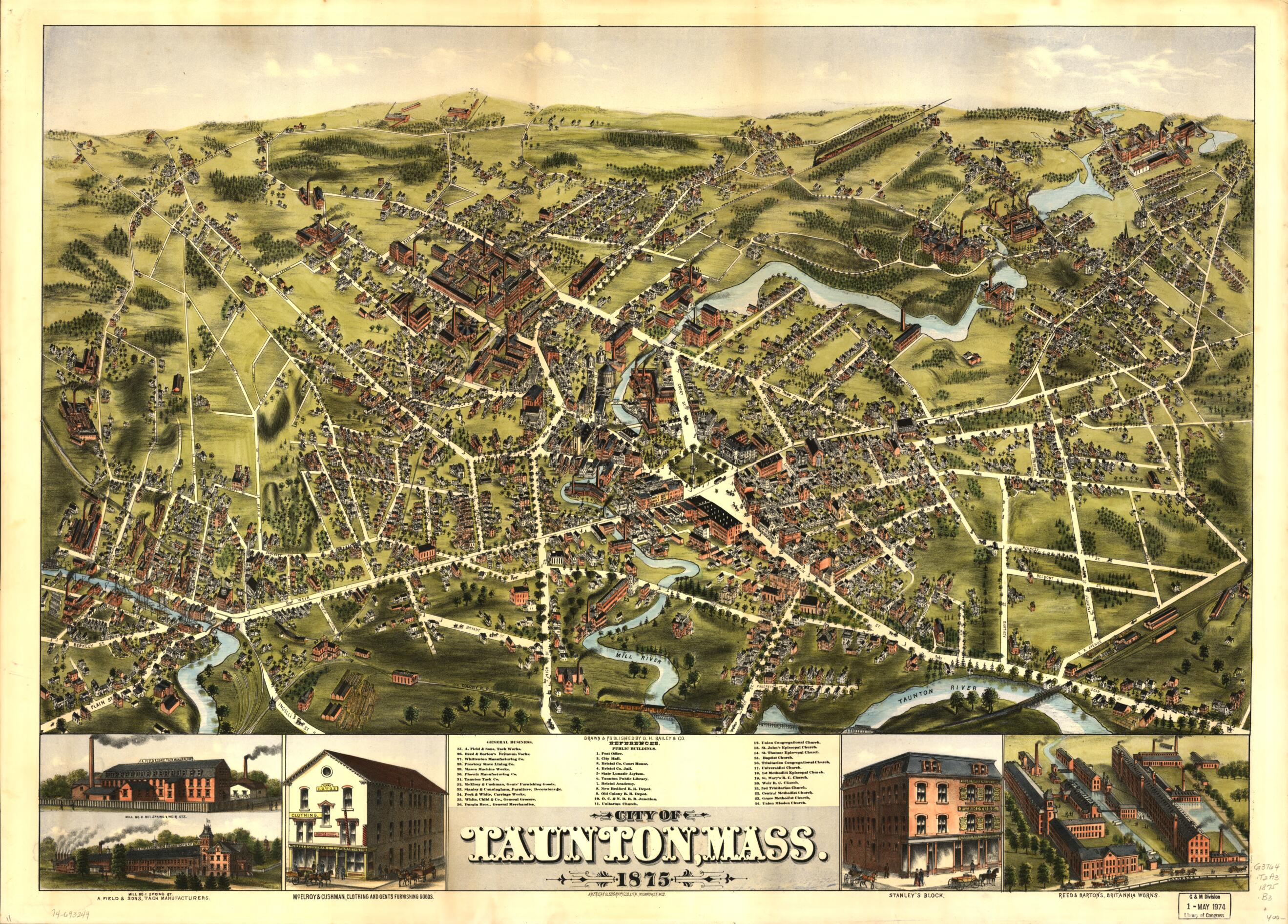 This old map of City of Taunton, Massachusetts from 1875 was created by American Oleograph Co, O.H. Bailey & Co in 1875