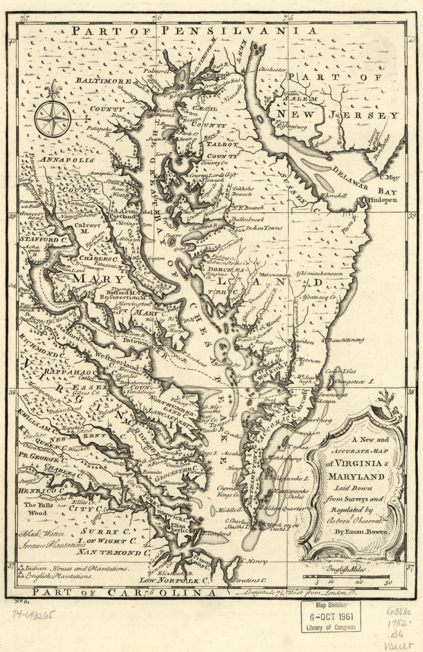 This old map of A New and Accurate Map of Virginia & Maryland from 1752 was created by Emanuel Bowen in 1752