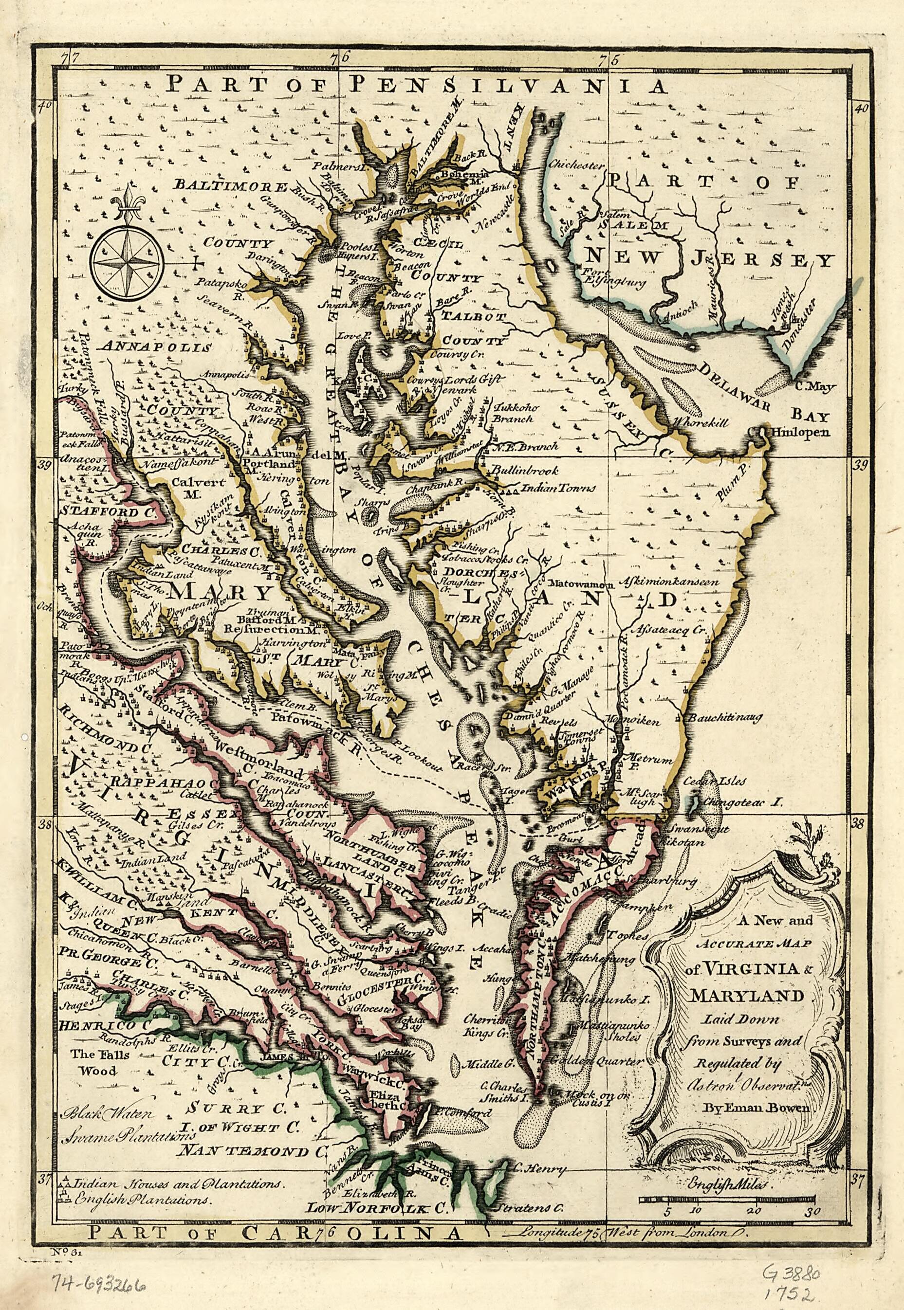 This old map of A New and Accurate Map of Virginia & Maryland from 1752 was created by Emanuel Bowen in 1752