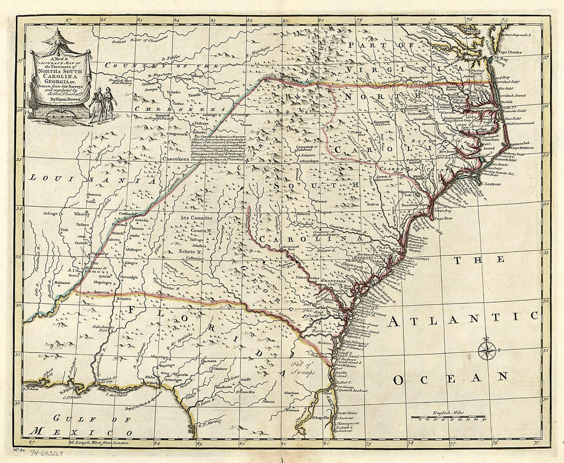 This old map of A New & Accurate Map of the Provinces of North & South Carolina, Georgia &c from 1752 was created by Emanuel Bowen in 1752