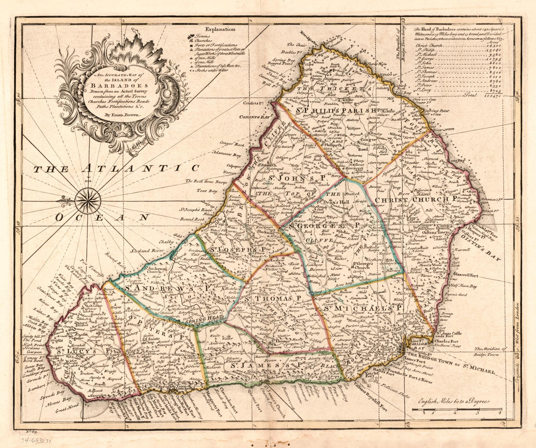 This old map of An Accurate Map of the Island of Barbadoes. Drawn from an Actual Survey Containing All the Towns, Churches, Fortifications, Roads, Paths, Plantations, &c from 1752 was created by Emanuel Bowen in 1752