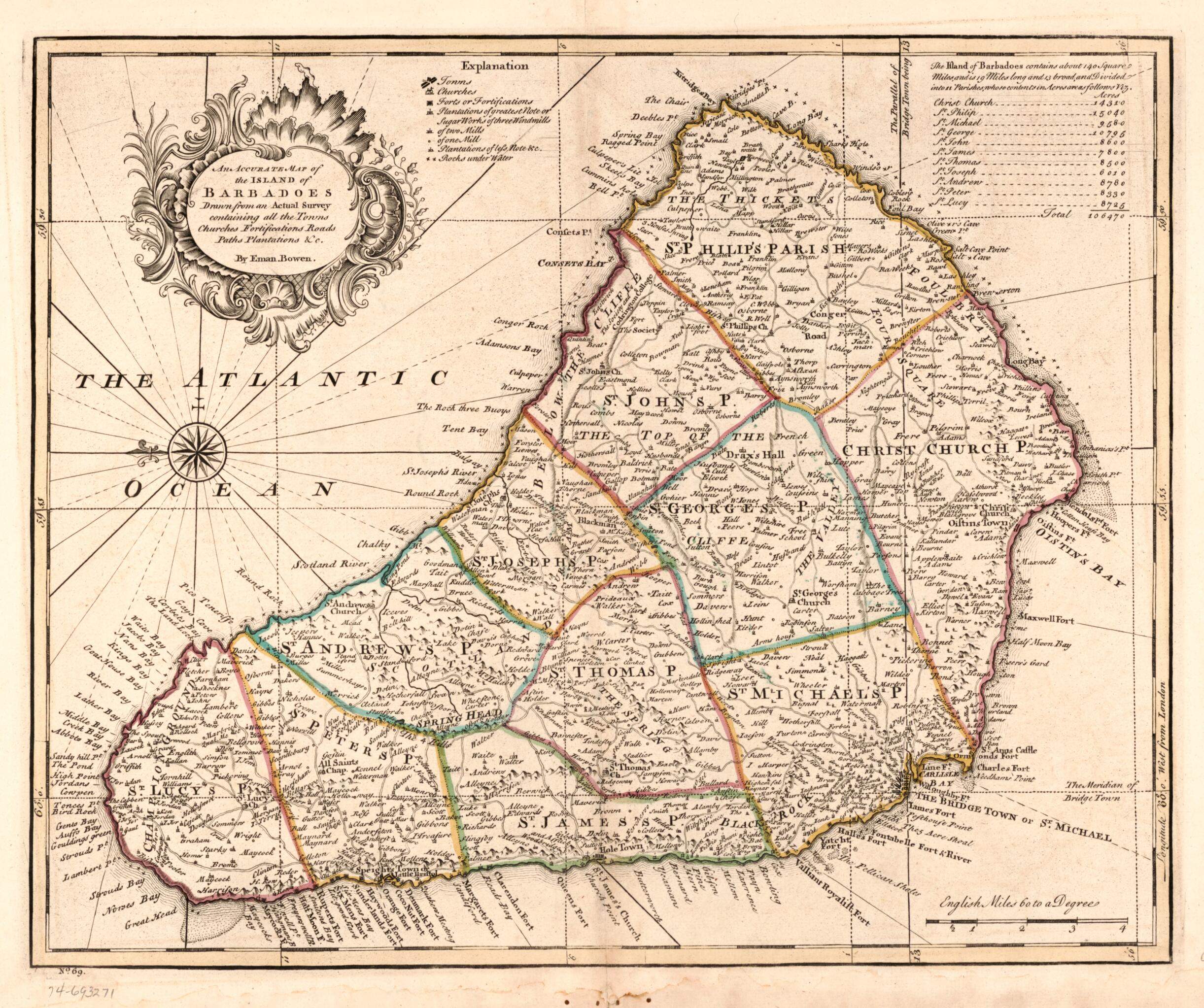 This old map of An Accurate Map of the Island of Barbadoes. Drawn from an Actual Survey Containing All the Towns, Churches, Fortifications, Roads, Paths, Plantations, &c from 1752 was created by Emanuel Bowen in 1752