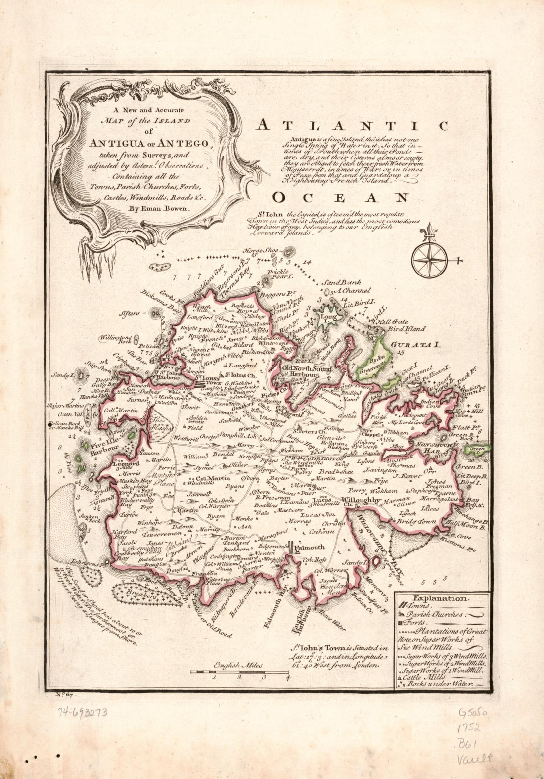 This old map of A New and Accurate Map of the Island of Antigua Or Antego, Taken from Surveys, and Adjusted by Astronl. Observations. Containing All the Towns, Parish Churches, Forts, Castles, Windmills, Roads, &c from 1752 was created by Emanuel Bowen i