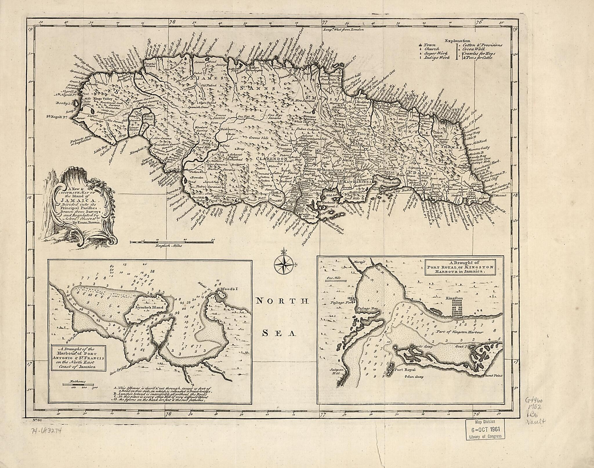 This old map of A New & Accurate Map of the Island of Jamaica. Divided Into Its Principal Parishes from 1752 was created by Emanuel Bowen in 1752