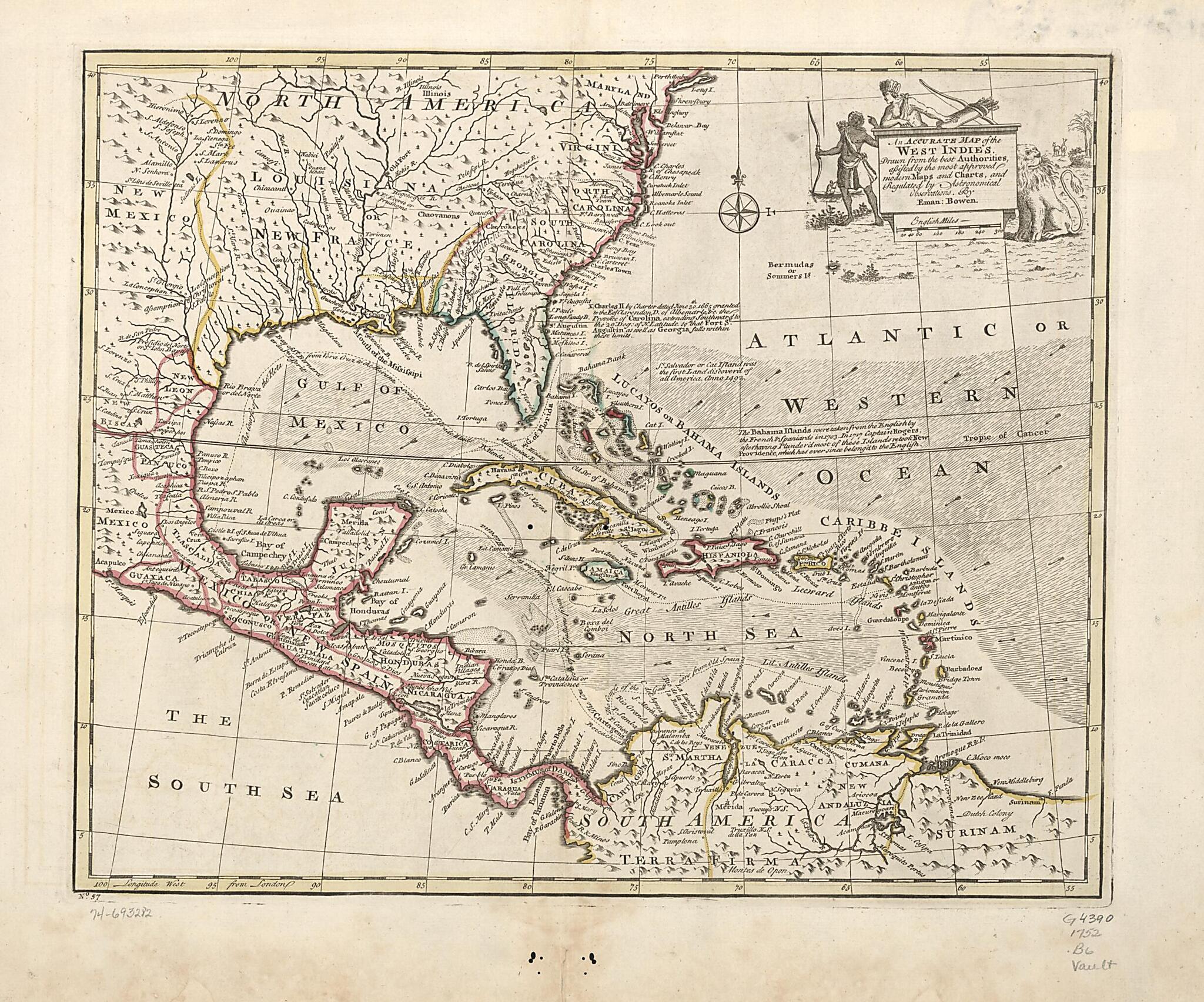 This old map of An Accurate Map of the West Indies. Drawn from the Best Authorities, Assisted by the Most Approved Modern Maps and Charts, and Regulated by Astronomical Observations from 1752 was created by Emanuel Bowen in 1752