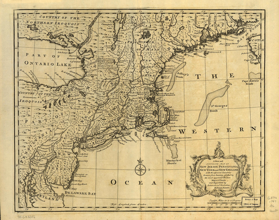 This old map of A New and Accurate Map of New Jersey, Pensilvania, New York and New England, With the Adjacent Countries. Drawn from Surveys, Assisted by the Most Approved Modern Maps & Charts and Regulated by Astronomical Observations from 1747 was crea
