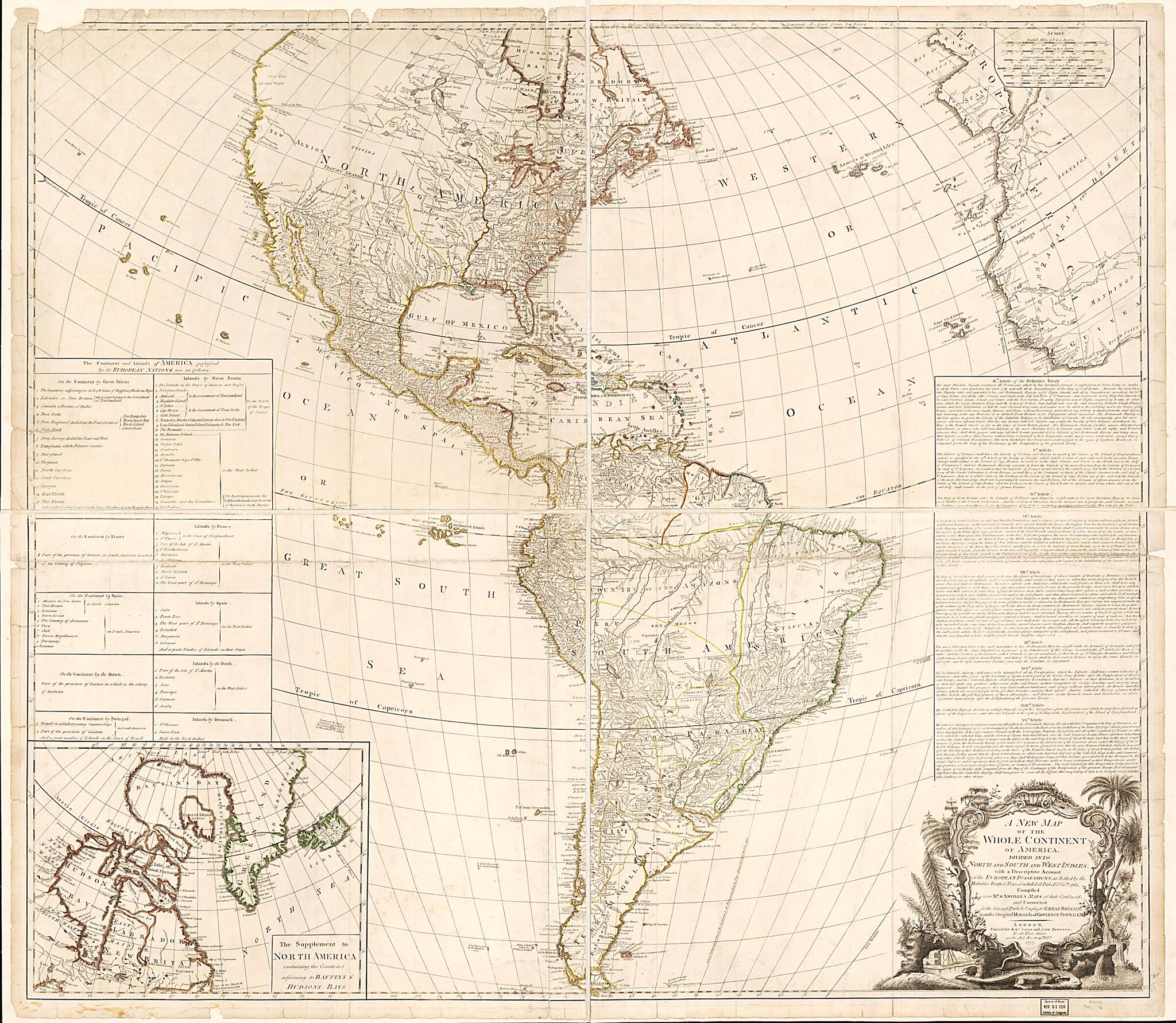 A New Map of the Whole Continent of America : Divided Into North and South and West Indies With a Descriptive Account of the European Possessions, As Settled by the Definitive Treaty of Peace, Concluded at Paris Feby. 10th. 1763 in 1777 by Relic Map Company