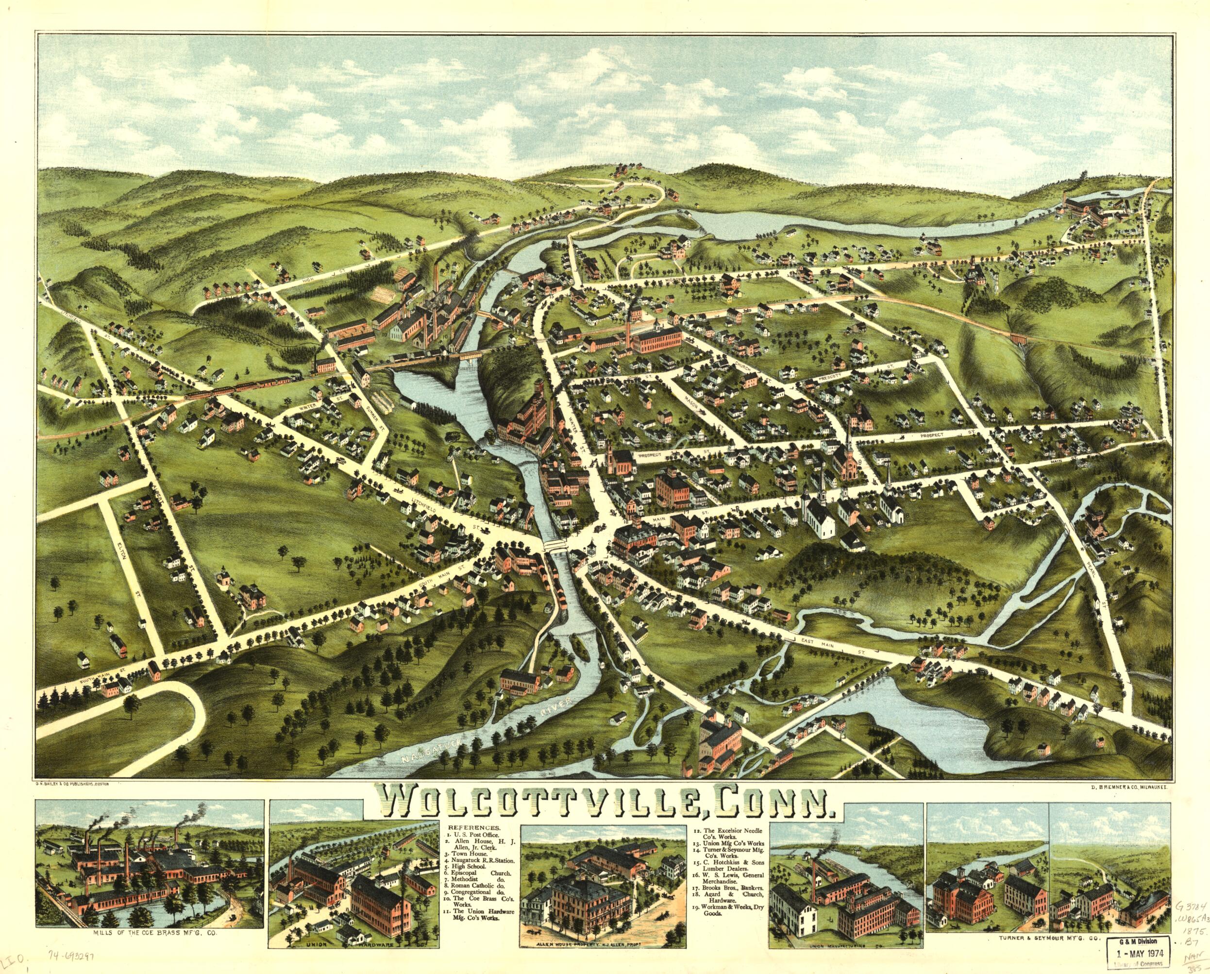 This old map of Wolcottville, Connecticut from 1875 was created by D. Bremner Co, O.H. Bailey & Co in 1875
