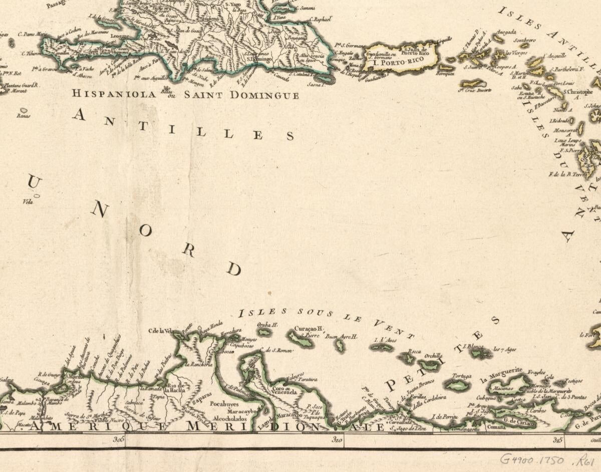 This old map of Partie De La Mer Du Nord, Où Se Trouvent Les Grandes Et Petites Isles Antilles, Et Les Isles Lucayes from 1750 was created by G. De La Haye, Gilles Robert De Vaugondy in 1750