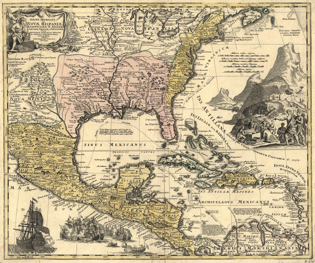 This old map of Regni Mexicani Seu Novæ Hispaniæ, Ludovicianæ, N. Angliæ, Carolinæ, Virginæ Et Pensylvaniæ Necnon Insvlarvm Archipelagi Mexicani In America Septentrionali from 1759 was created by Homann Erben (Firm), Johann Baptist Homann in 1759