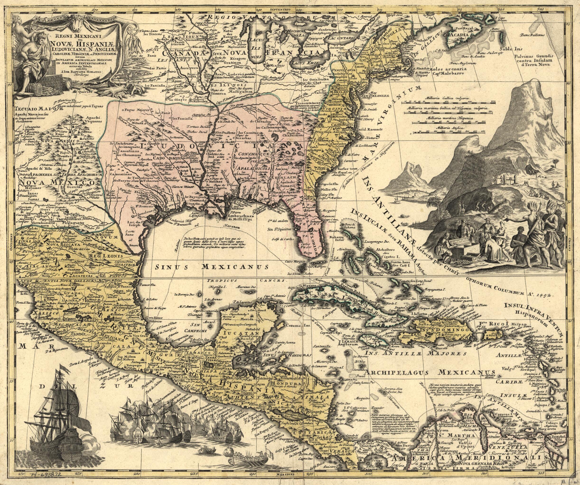 This old map of Regni Mexicani Seu Novæ Hispaniæ, Ludovicianæ, N. Angliæ, Carolinæ, Virginæ Et Pensylvaniæ Necnon Insvlarvm Archipelagi Mexicani In America Septentrionali from 1759 was created by Homann Erben (Firm), Johann Baptist Homann in 1759