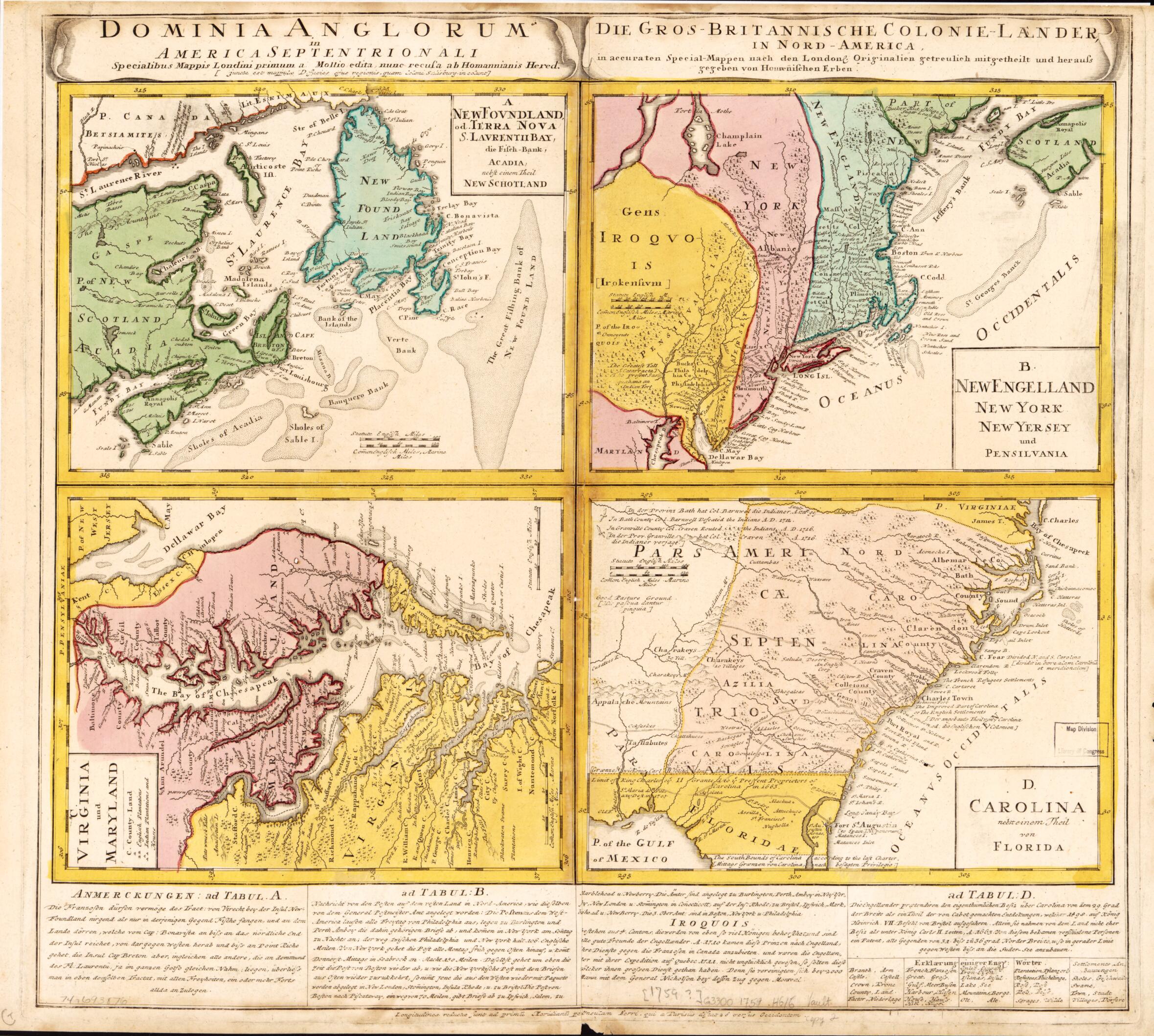 This old map of Dominia Anglorum In America Septentrionali from 1759 was created by Homann Erben (Firm) in 1759
