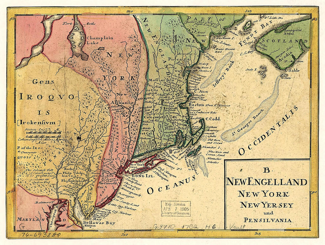 This old map of B. New Engelland, New York, New Yersey Und Pensilvania from 1759 was created by Homann Erben (Firm) in 1759