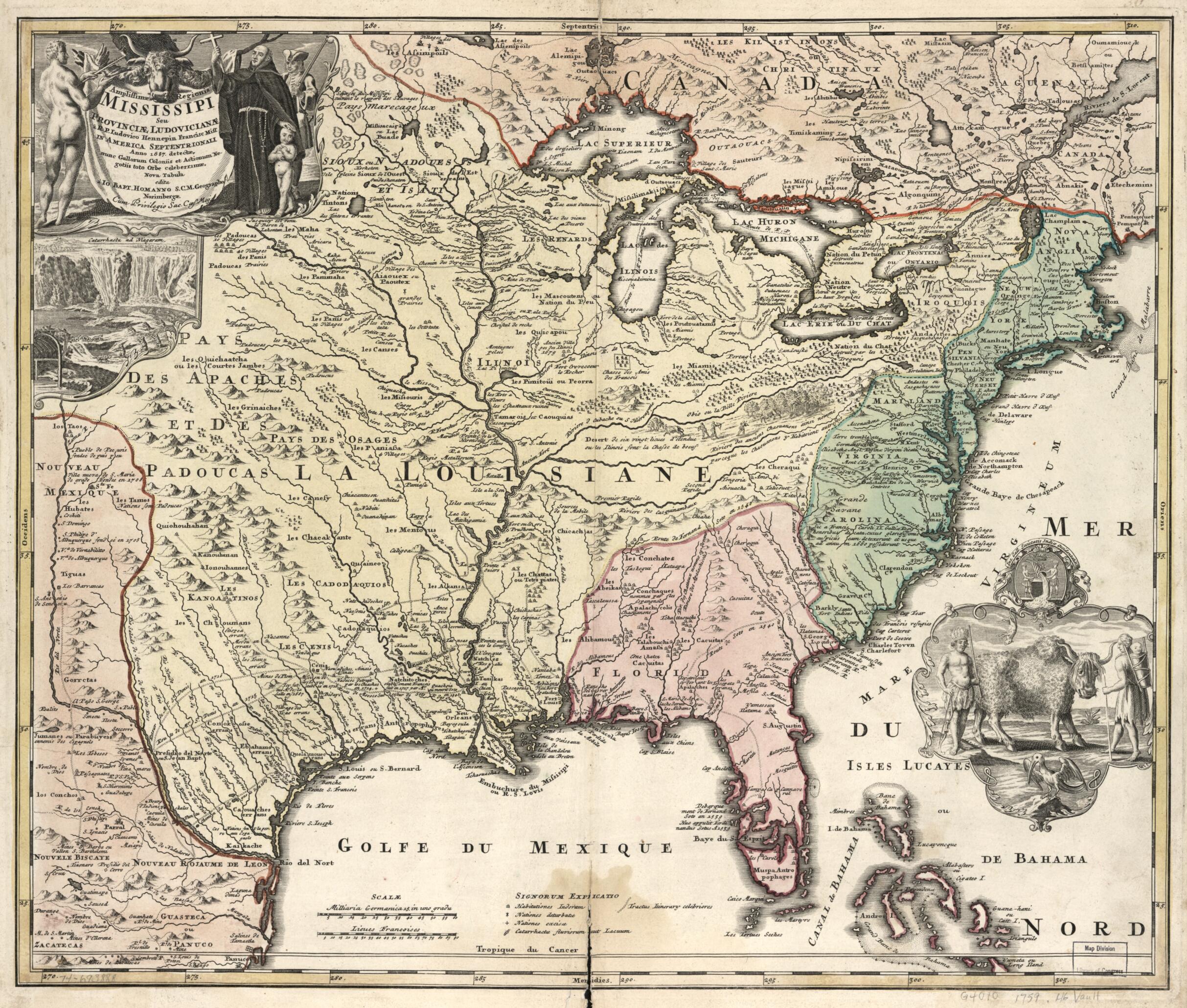 This old map of Amplissimæ Regionis Mississipi Seu Provinciæ Ludovicianæ â R.P. Ludovico Hennepin Fransisc. Miss In America Septentrionali Anno 1687 from 1759 was created by Homann Erben (Firm), Johann Baptist Homann in 1759