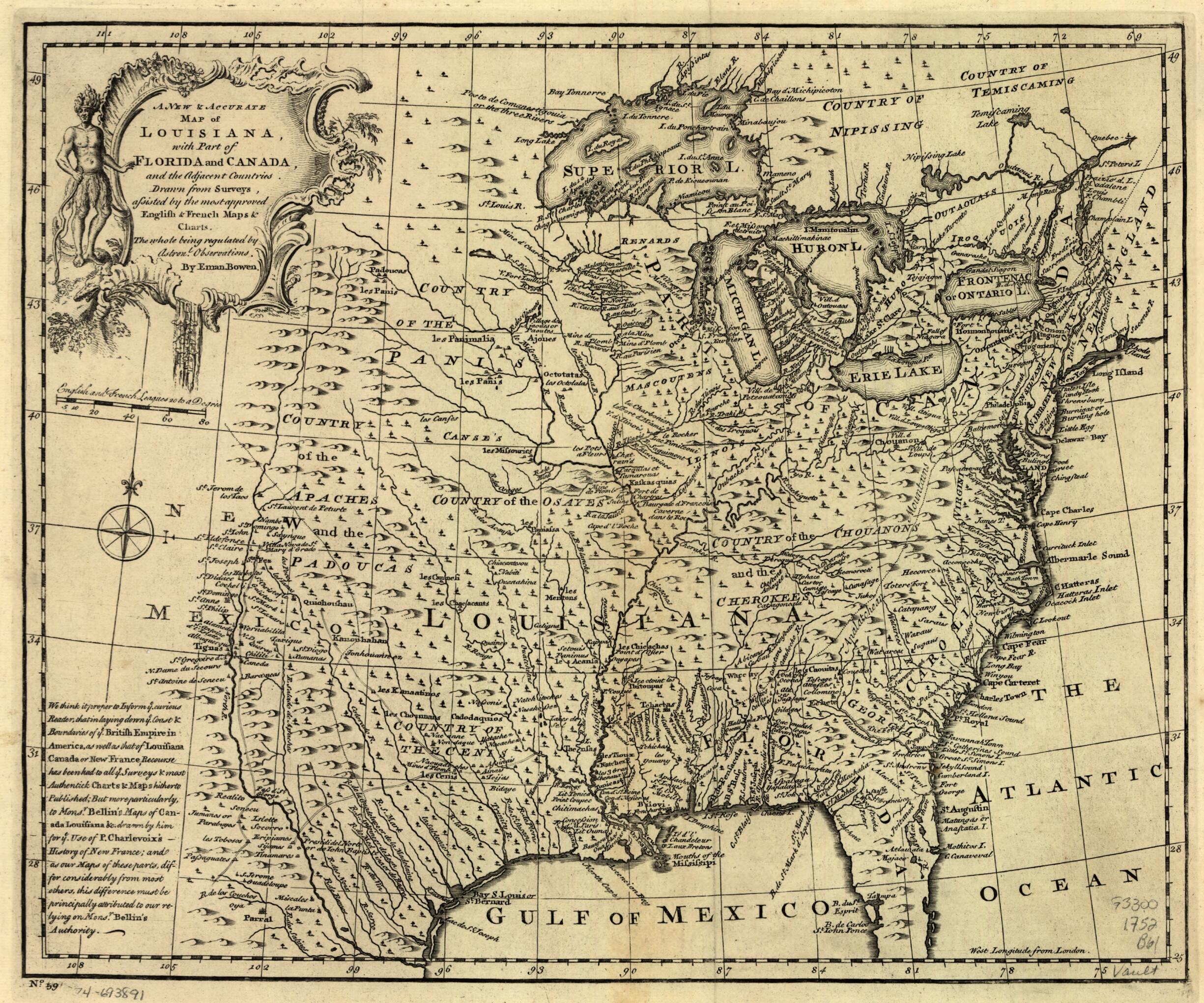 This old map of A New & Accurate Map of Louisiana, With Part of Florida and Canada, and the Adjacent Countries from 1752 was created by Emanuel Bowen in 1752