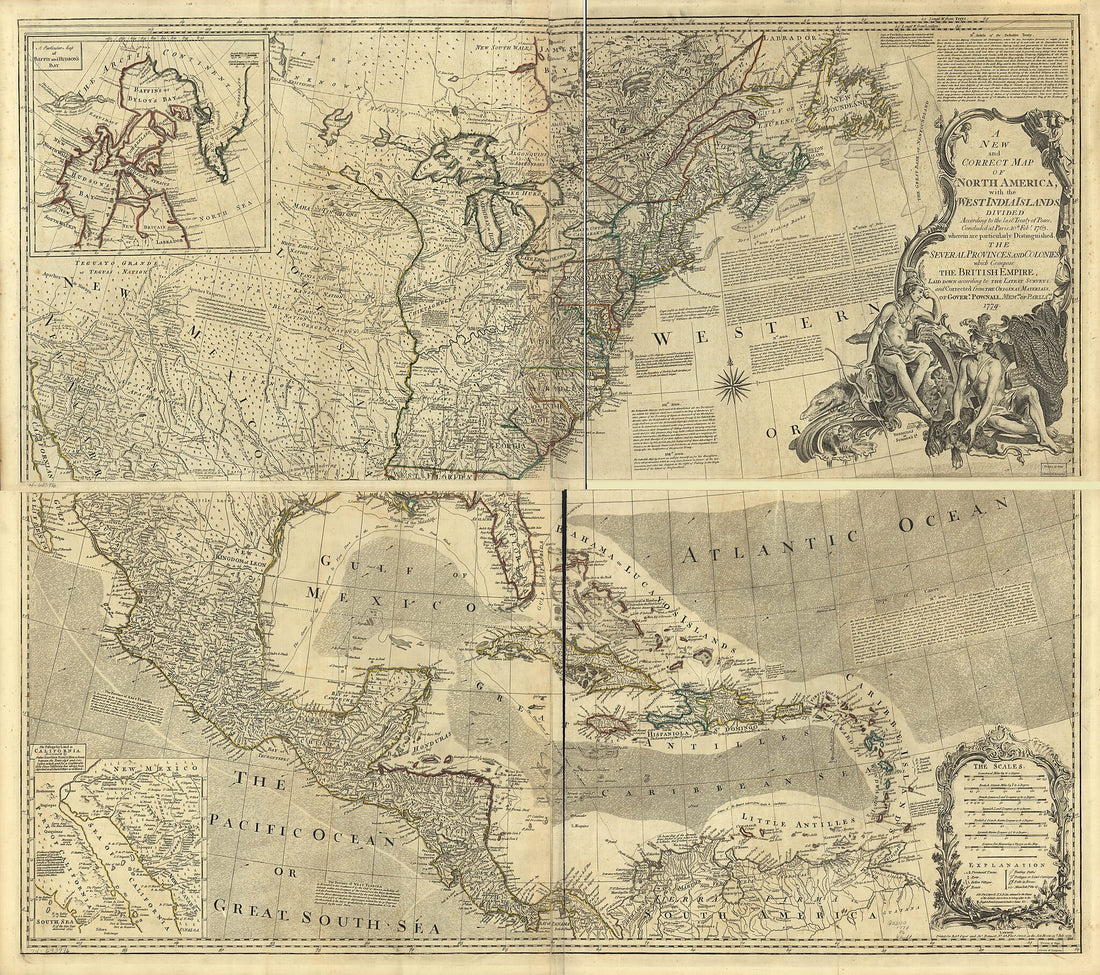 This old map of A New and Correct Map of North America, With the West India Islands. Divided According to the Last Treaty of Peace, Concluded at Paris. 10th. Feby. 1763. Wherein Are Particularly Distinguished, the Several Provinces and Colonies, Which Co