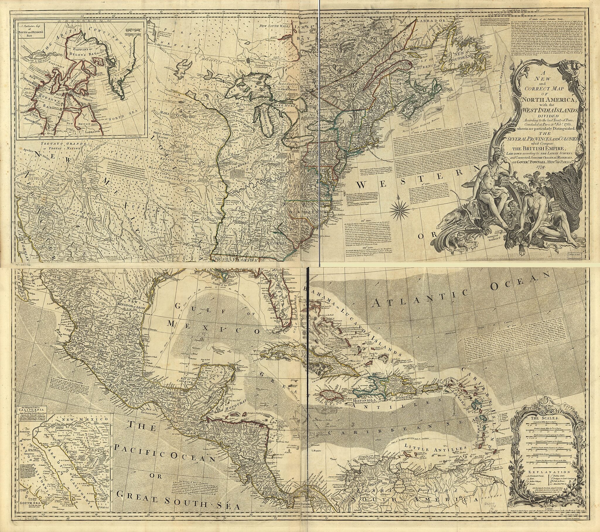 This old map of A New and Correct Map of North America, With the West India Islands. Divided According to the Last Treaty of Peace, Concluded at Paris. 10th. Feby. 1763. Wherein Are Particularly Distinguished, the Several Provinces and Colonies, Which Co
