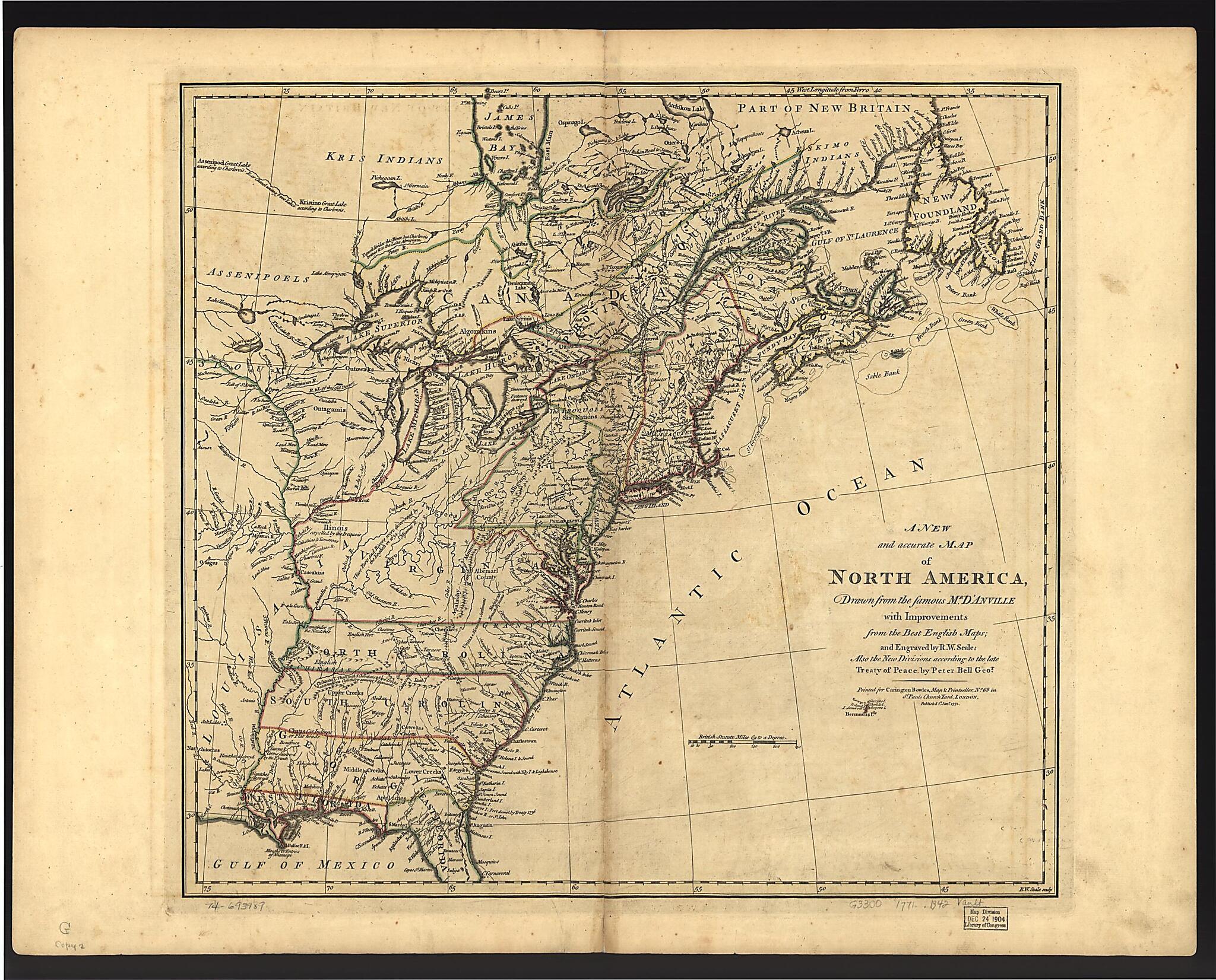 This old map of A New and Accurate Map of North America from 1771 was created by Jean Baptiste Bourguignon D Anville, Peter Bell, Carington Bowles, Richard William Seale in 1771